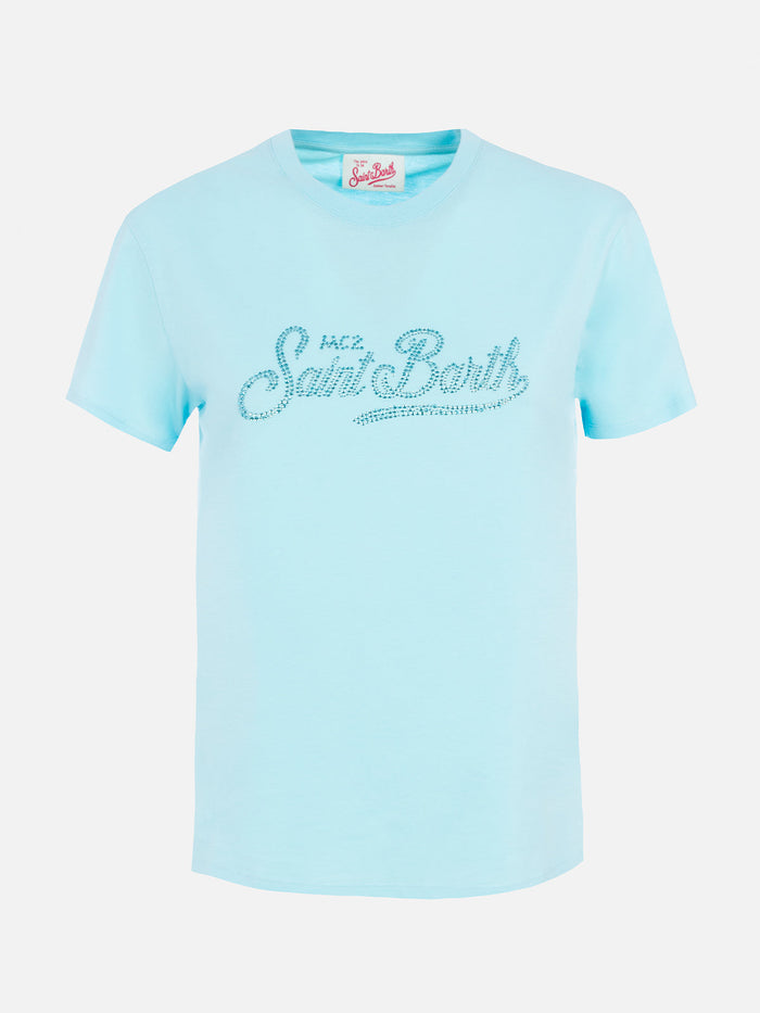 Emilie Water Green Cotton T-Shirt With Rhinestones