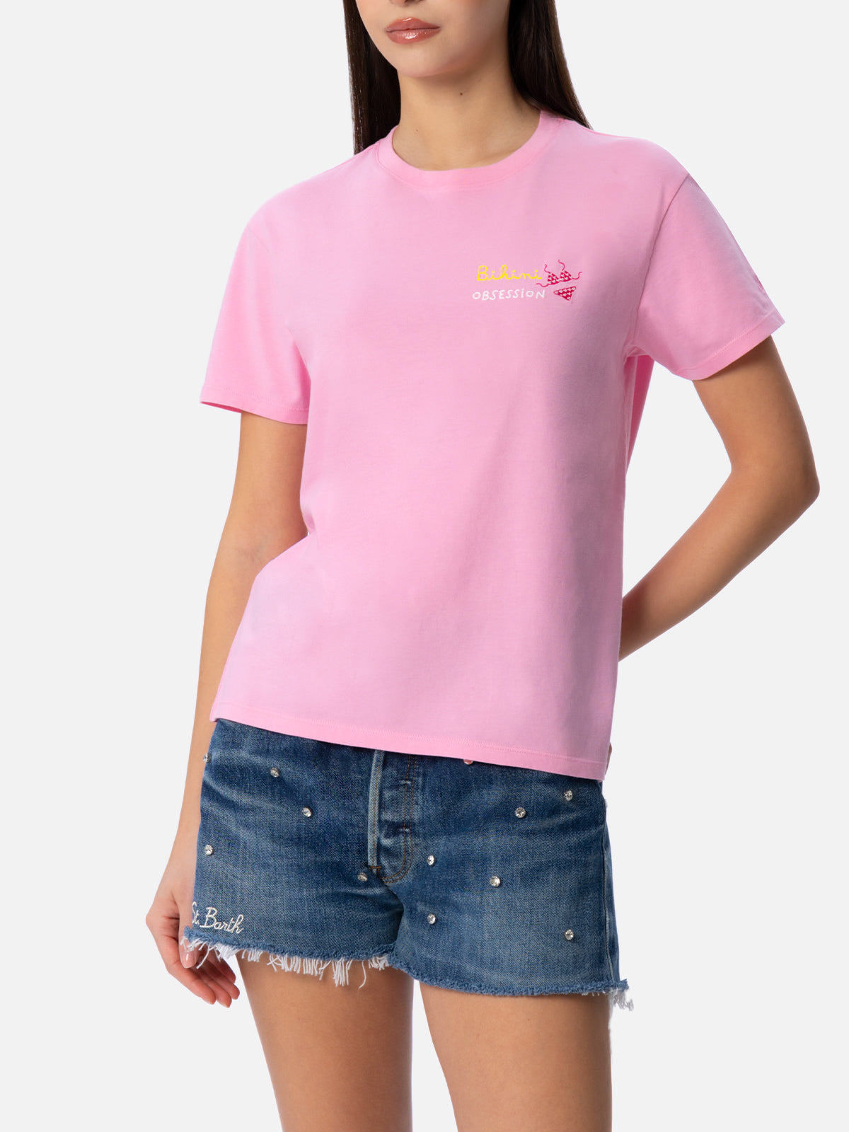 Emilie Cotton T-Shirt With Bikini Obsession Embroidery Pink