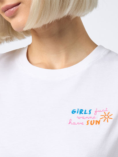 Emilie Cotton T-Shirt With Girls Just Wanna Have Sun Embroidery White