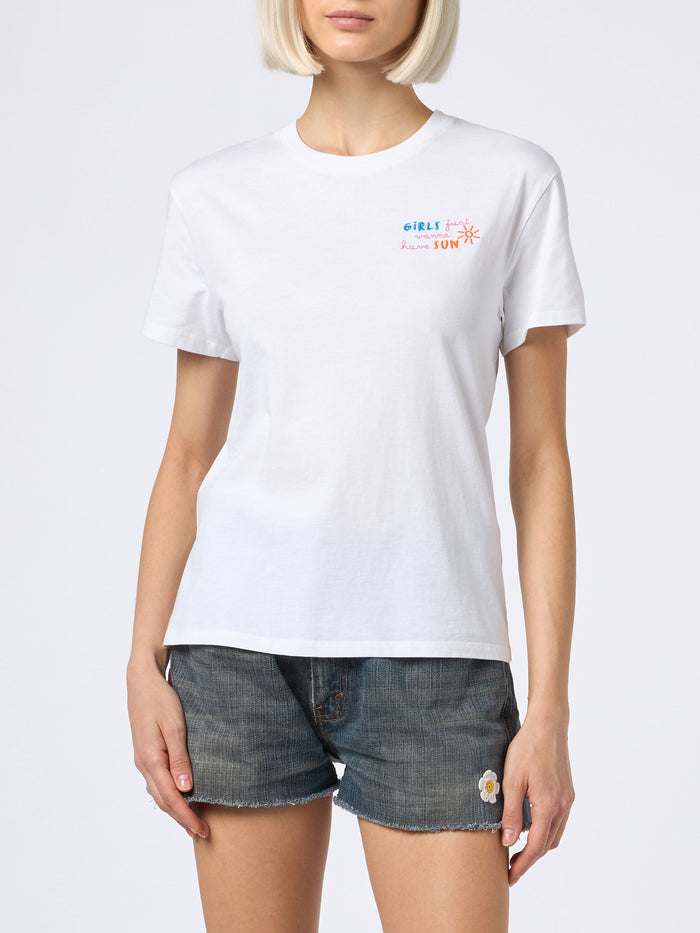 Emilie Cotton T-Shirt With Girls Just Wanna Have Sun Embroidery White