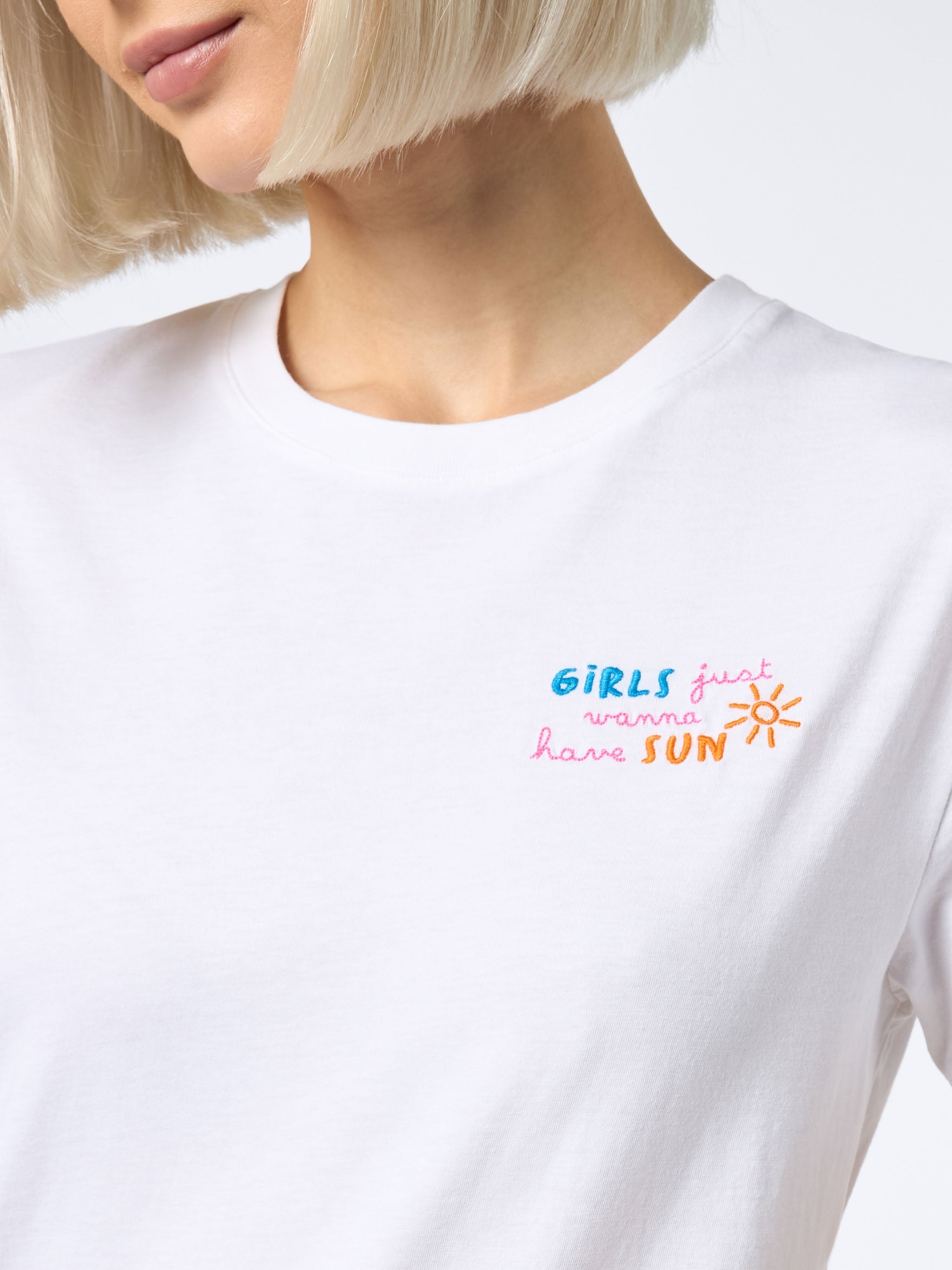 Emilie Cotton T-Shirt With Girls Just Wanna Have Sun Embroidery White