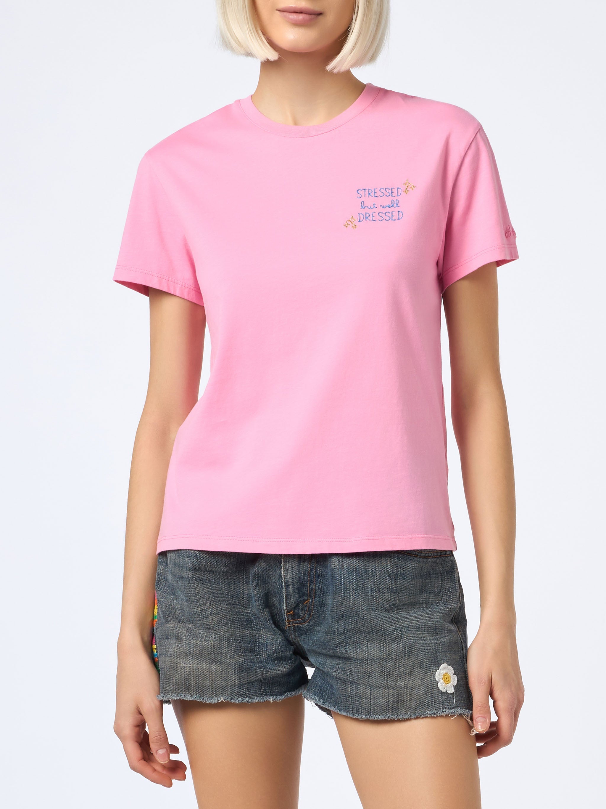 Emilie T-Shirt With Stressed But Well Dressed Embroidery Pink