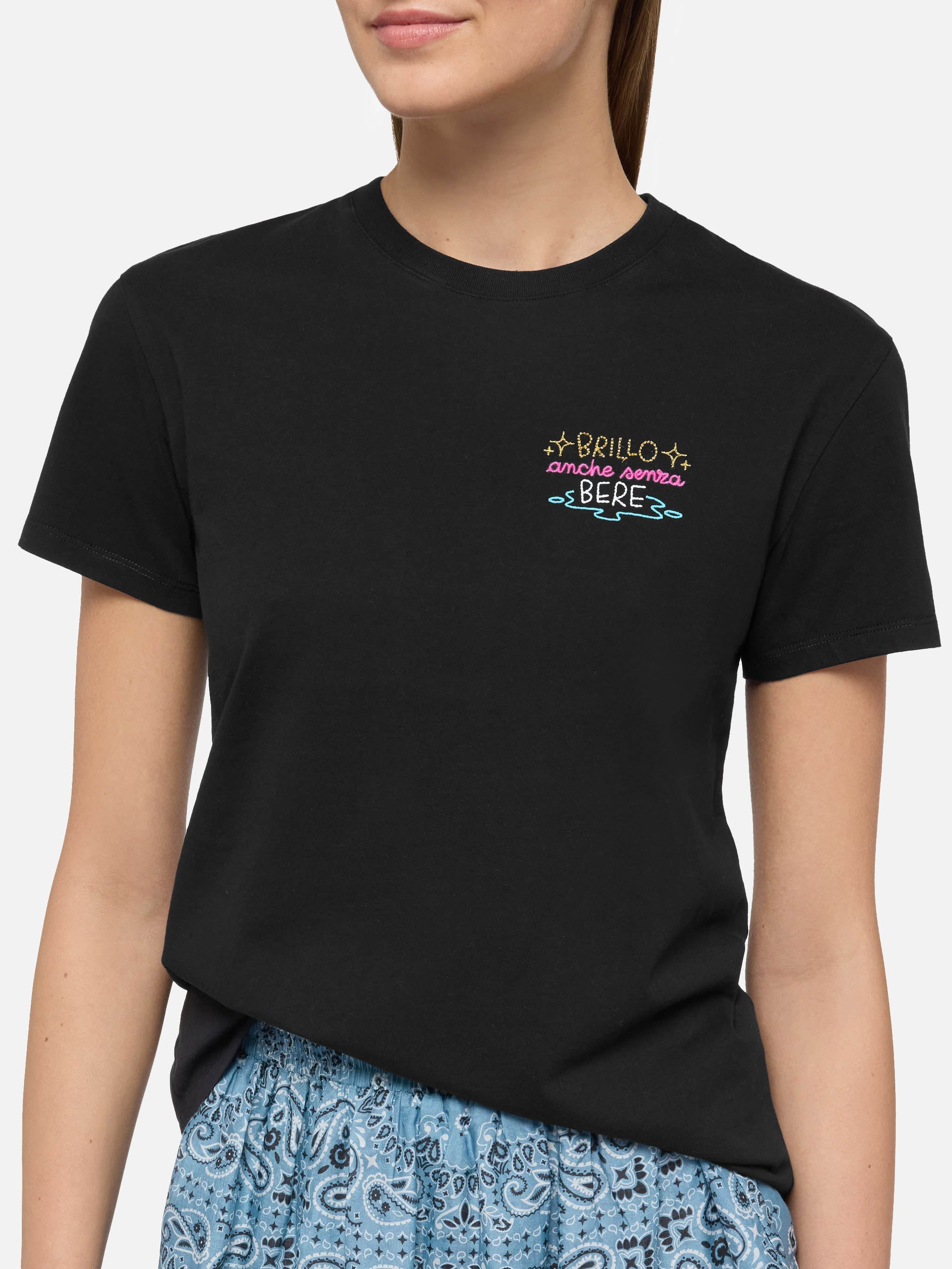 Emilie Cotton T-Shirt With Brillo Senza Bere Embroidery | Insulti Luminosi Special Edition Black