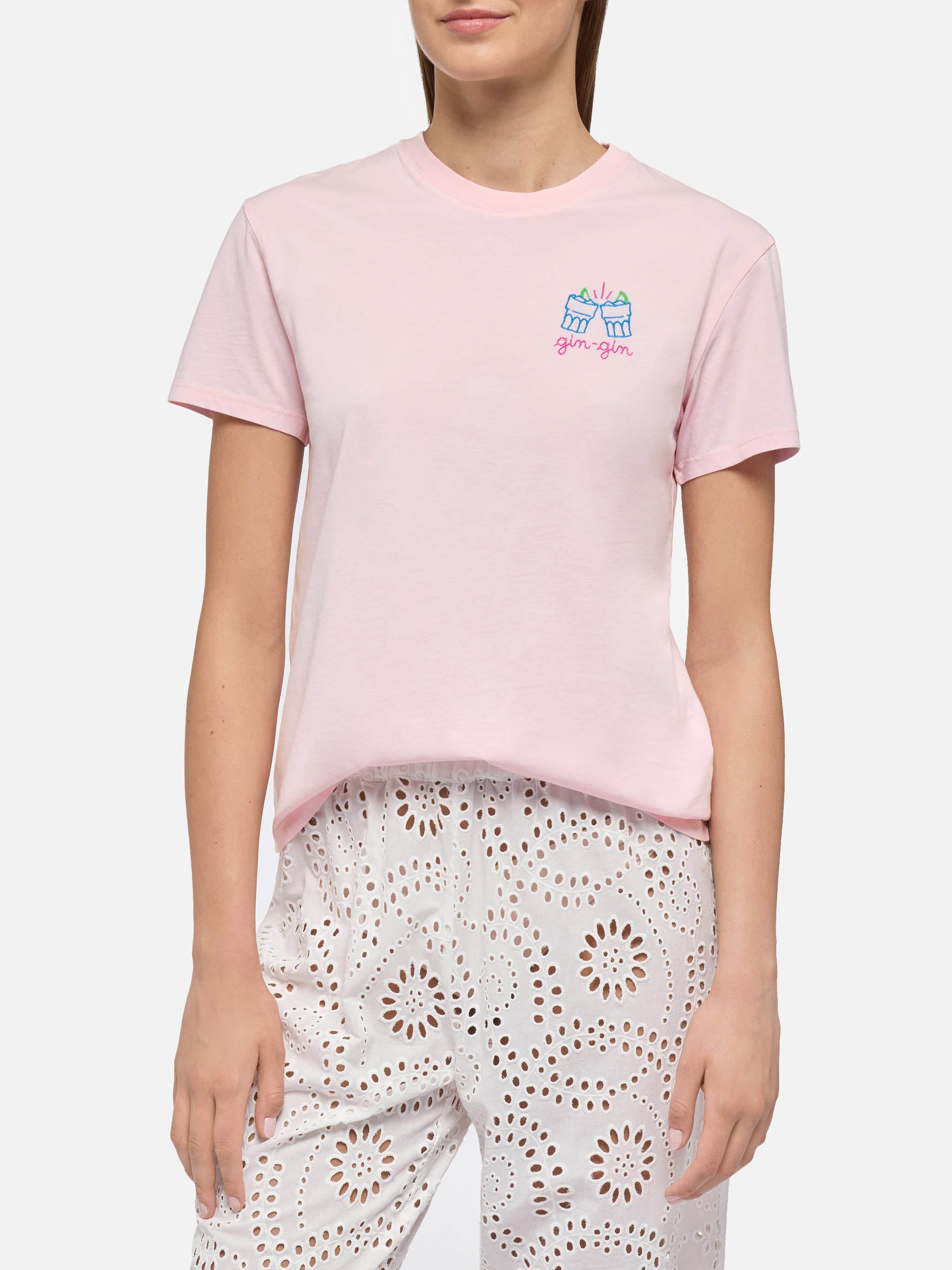 Emilie Cotton T-Shirt With Gin Embroidery | Insulti Luminosi Special Edition Pink