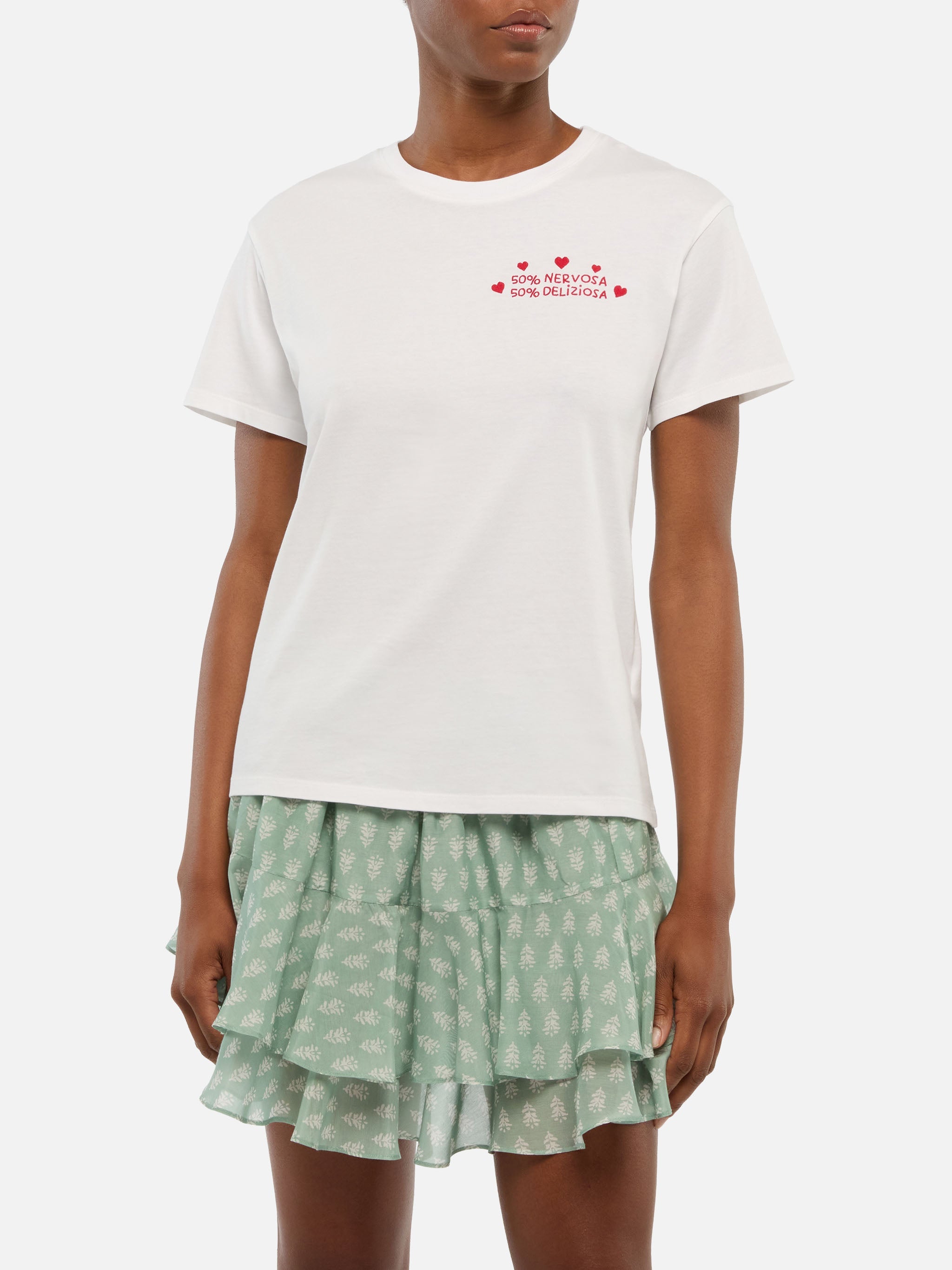 Emilie Cotton T-Shirt With 50 Nervosa Deliziosa Embroidery White