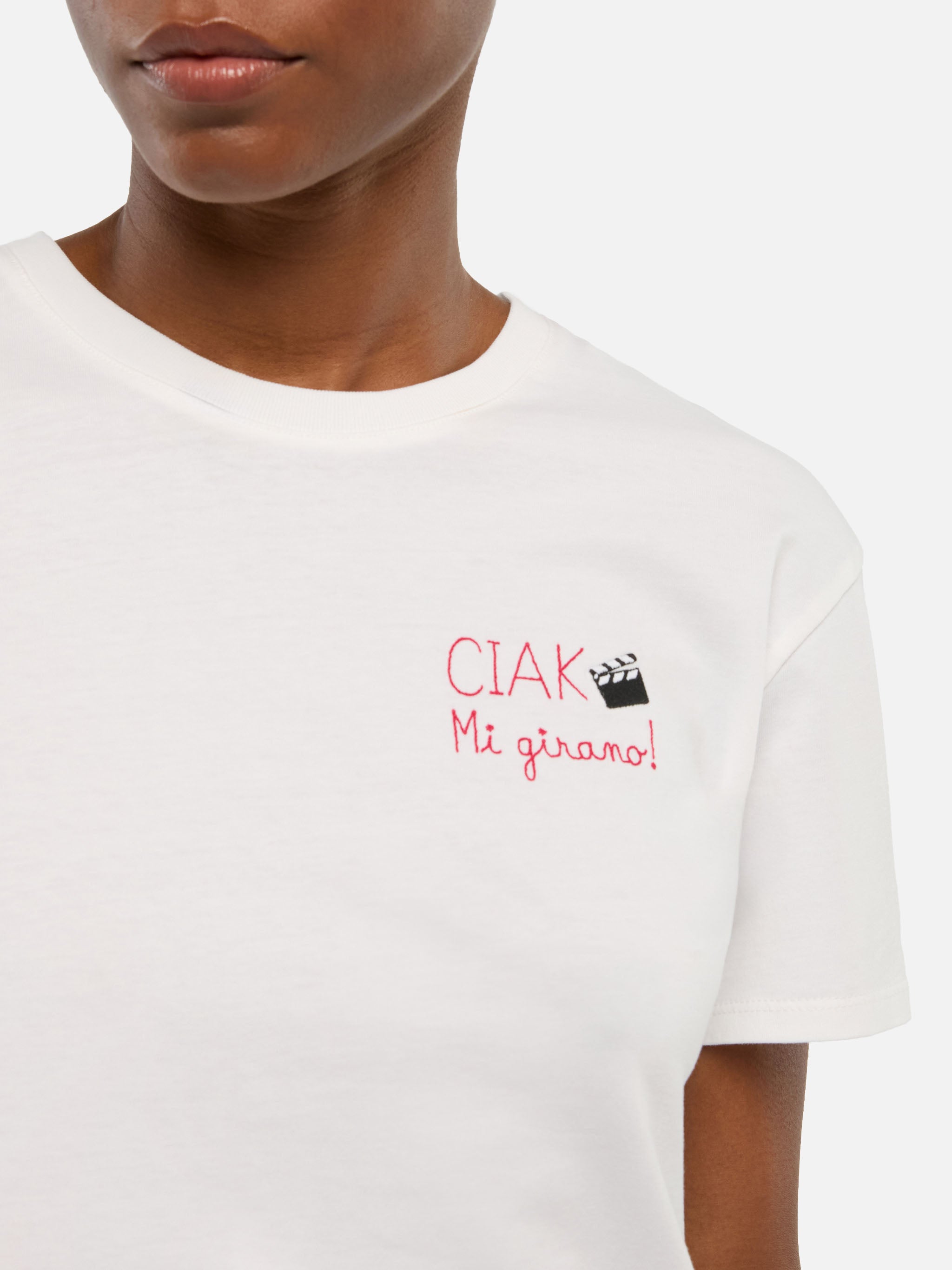 Emilie Cotton T-Shirt With Ciak Mi Girano Embroidery White