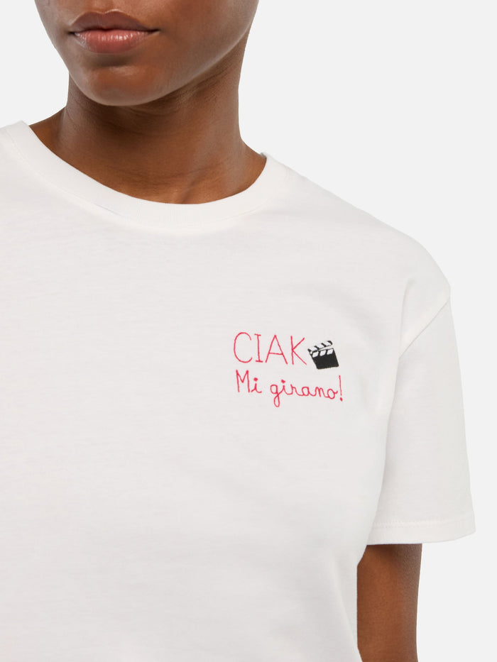 Emilie Cotton T-Shirt With Ciak Mi Girano Embroidery White