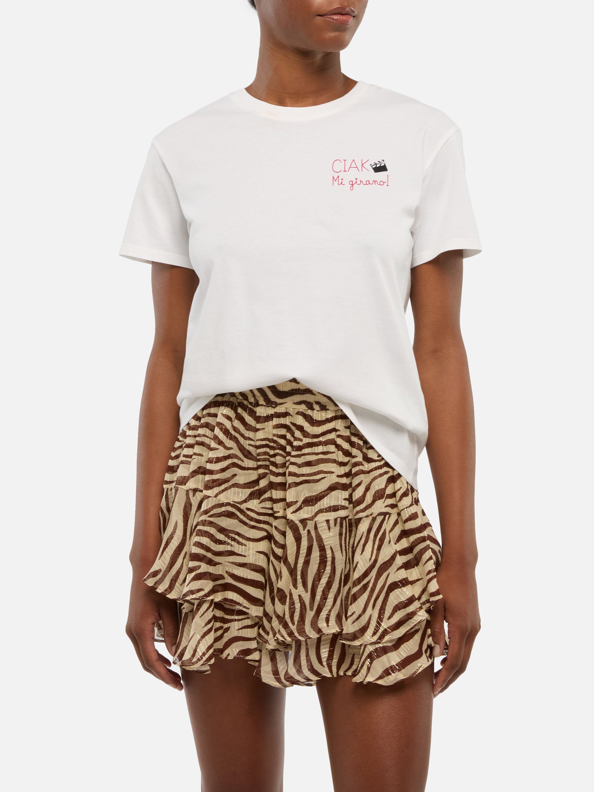 Emilie Cotton T-Shirt With Ciak Mi Girano Embroidery White