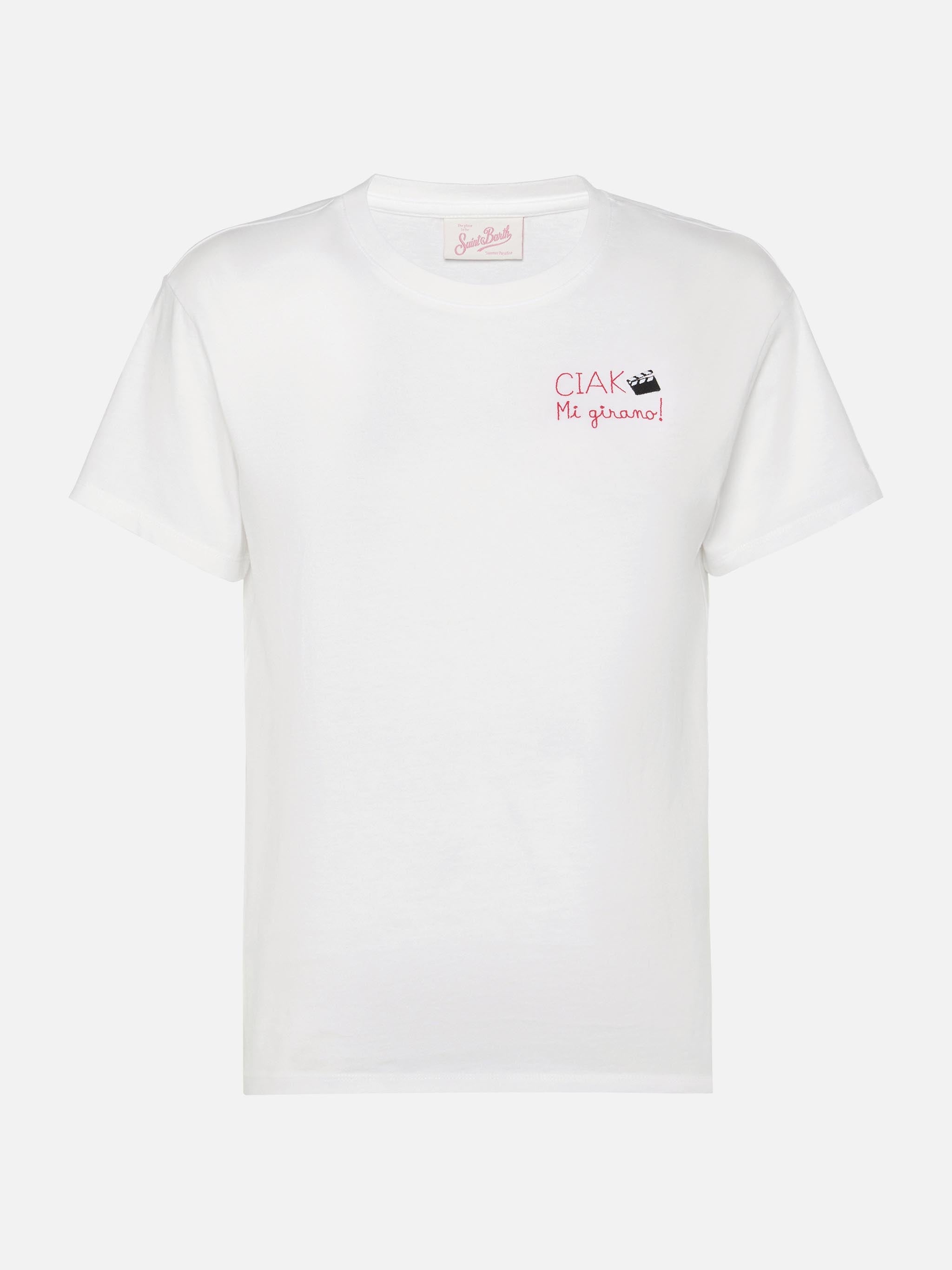 Emilie Cotton T-Shirt With Ciak Mi Girano Embroidery White