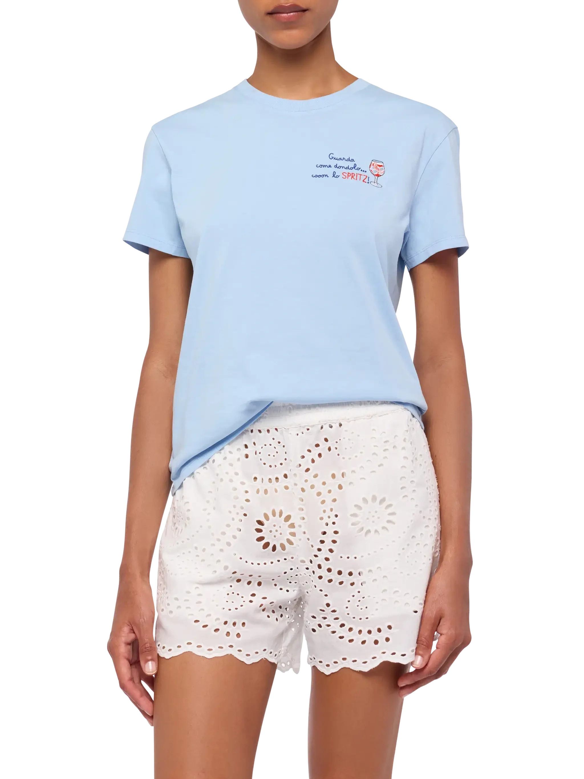 Emilie Cotton T-Shirt With Guarda Come Dondolo Con Lo Spritz Embroidery Blue