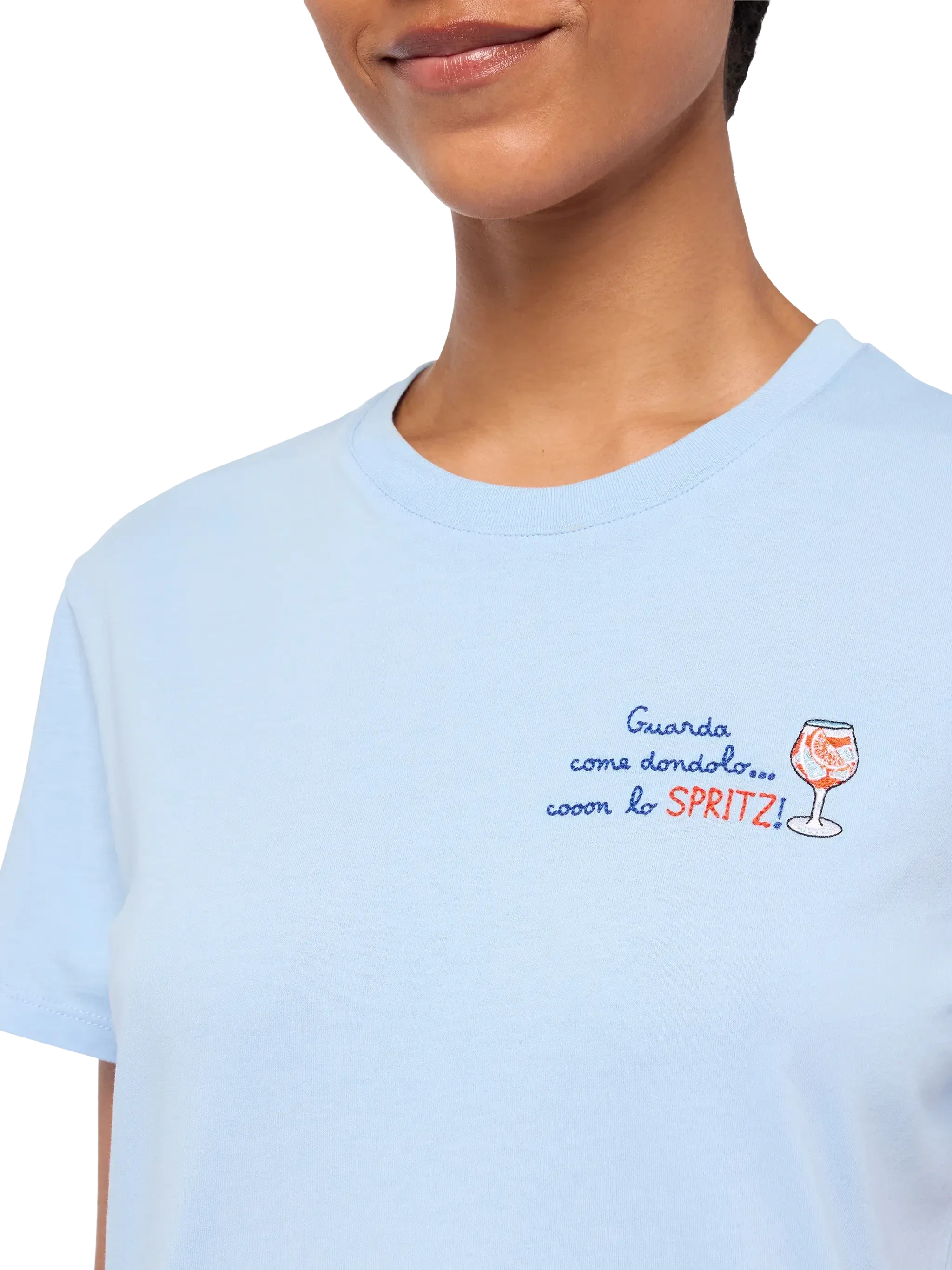 Emilie Cotton T-Shirt With Guarda Come Dondolo Con Lo Spritz Embroidery Blue