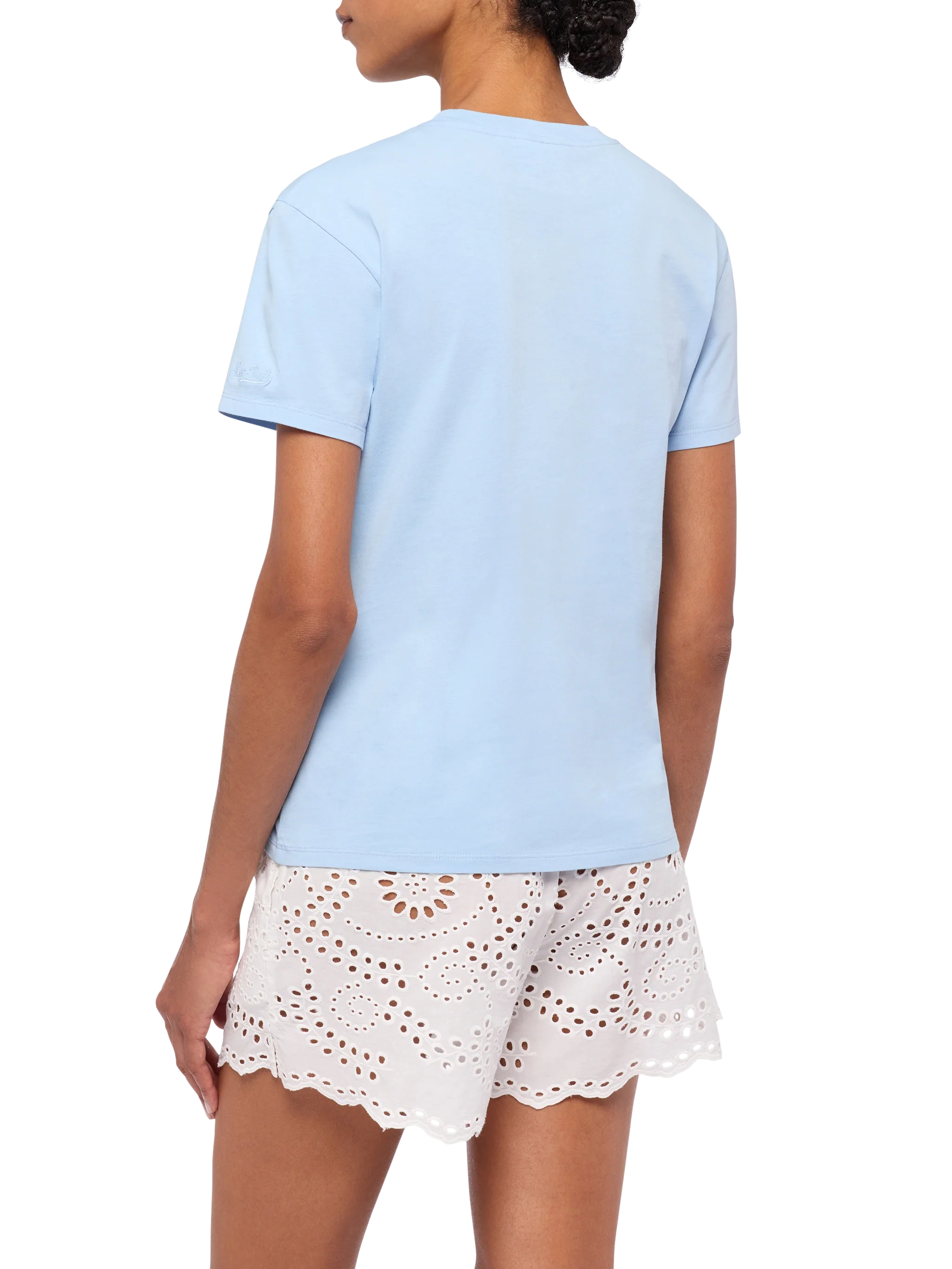 Emilie Cotton T-Shirt With Guarda Come Dondolo Con Lo Spritz Embroidery Blue