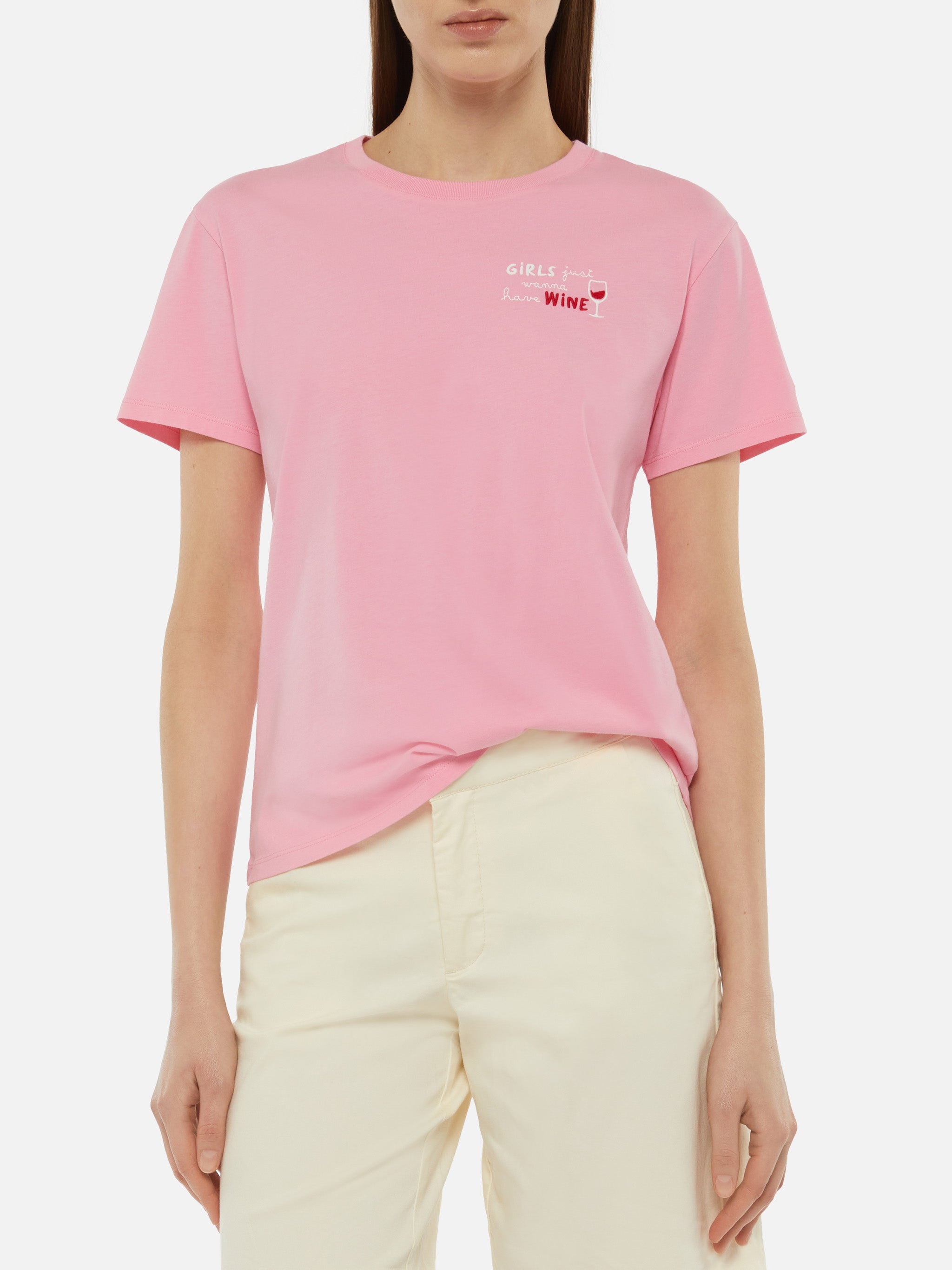 Emilie Cotton T-Shirt With Girls Just Wanna Have Wine Embroidery Pink