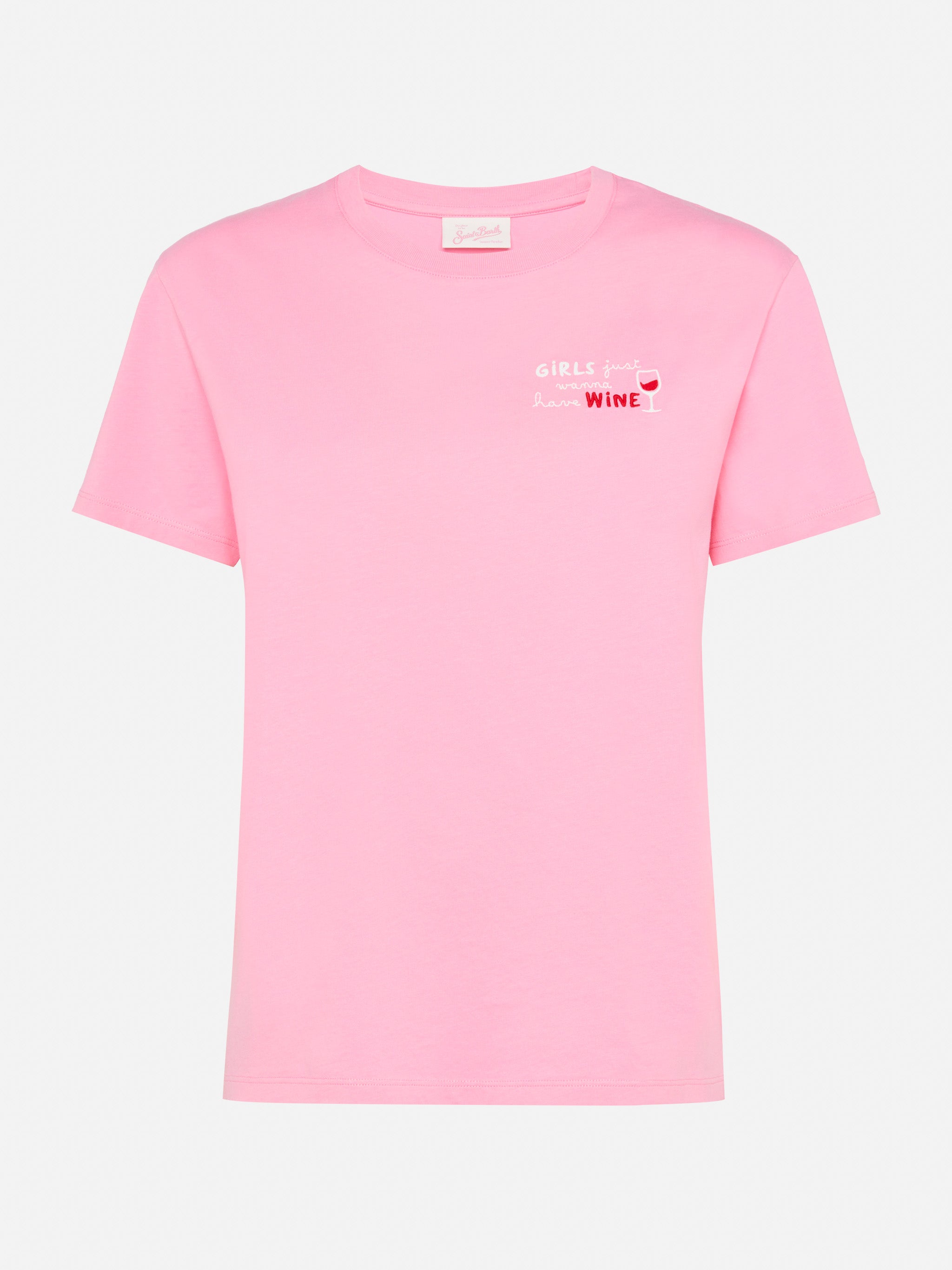 Emilie Cotton T-Shirt With Girls Just Wanna Have Wine Embroidery Pink