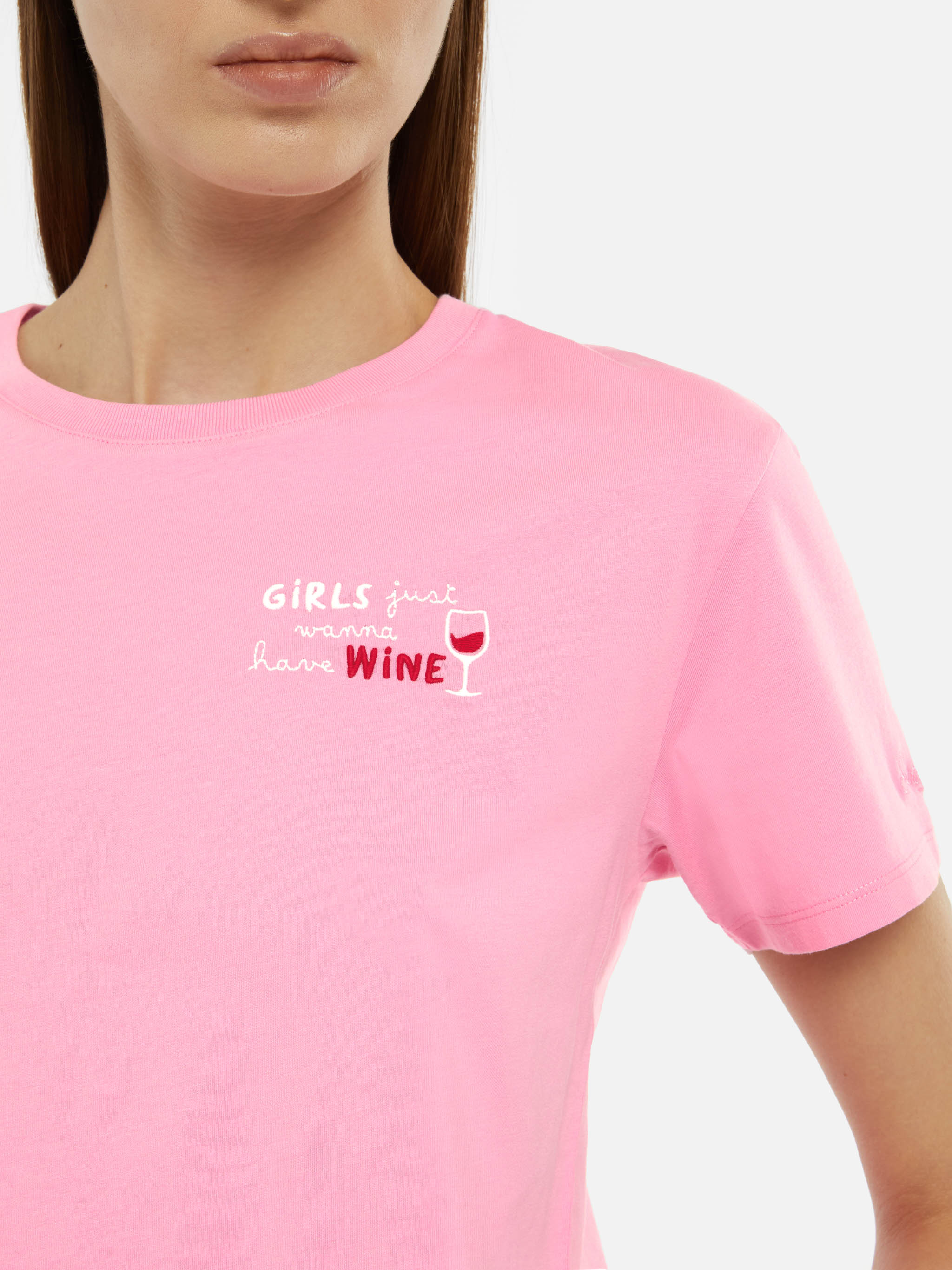 Emilie Cotton T-Shirt With Girls Just Wanna Have Wine Embroidery Pink