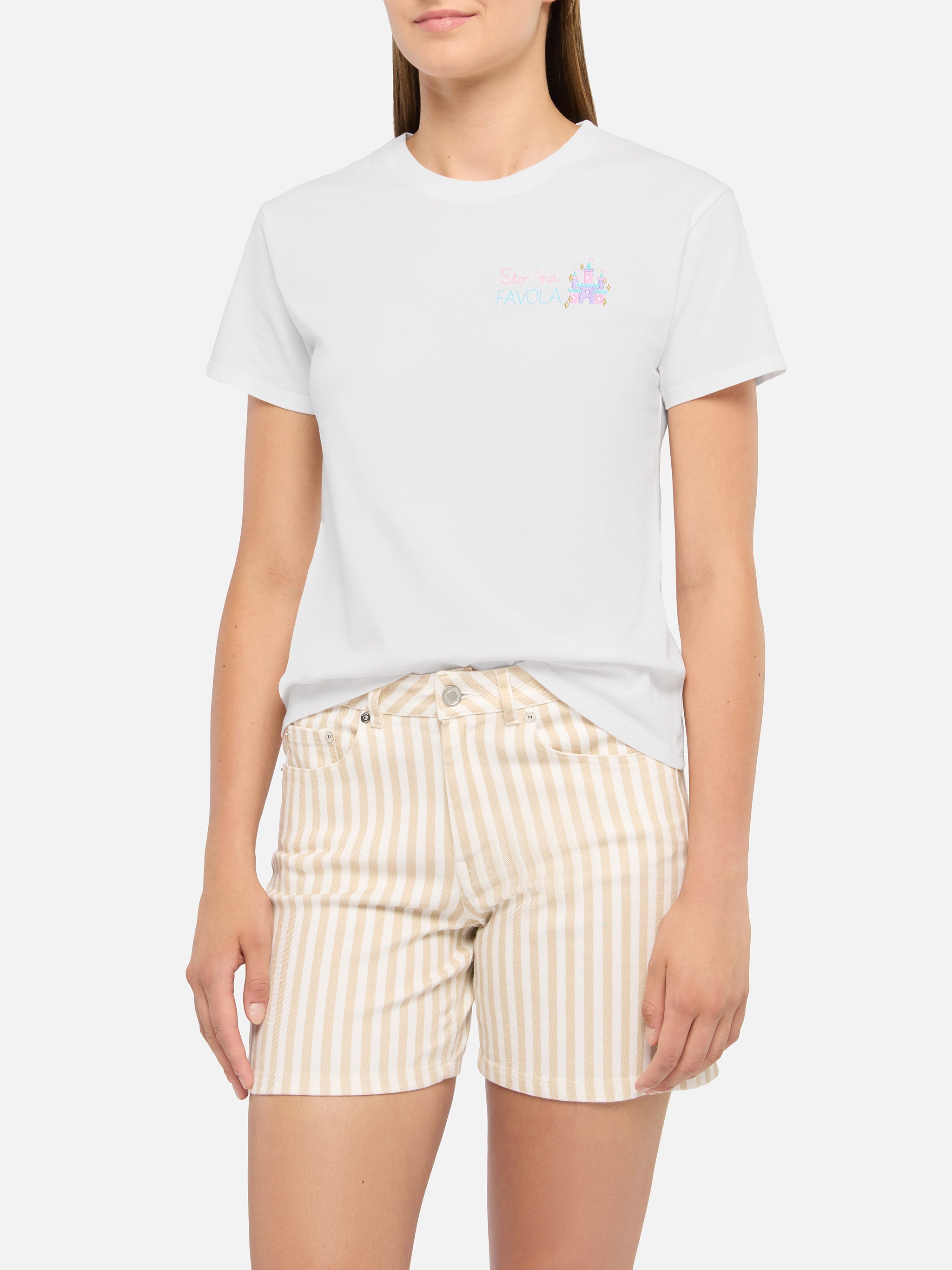 Emilie Cotton T-Shirt With Sto Na Favola Embroidery White