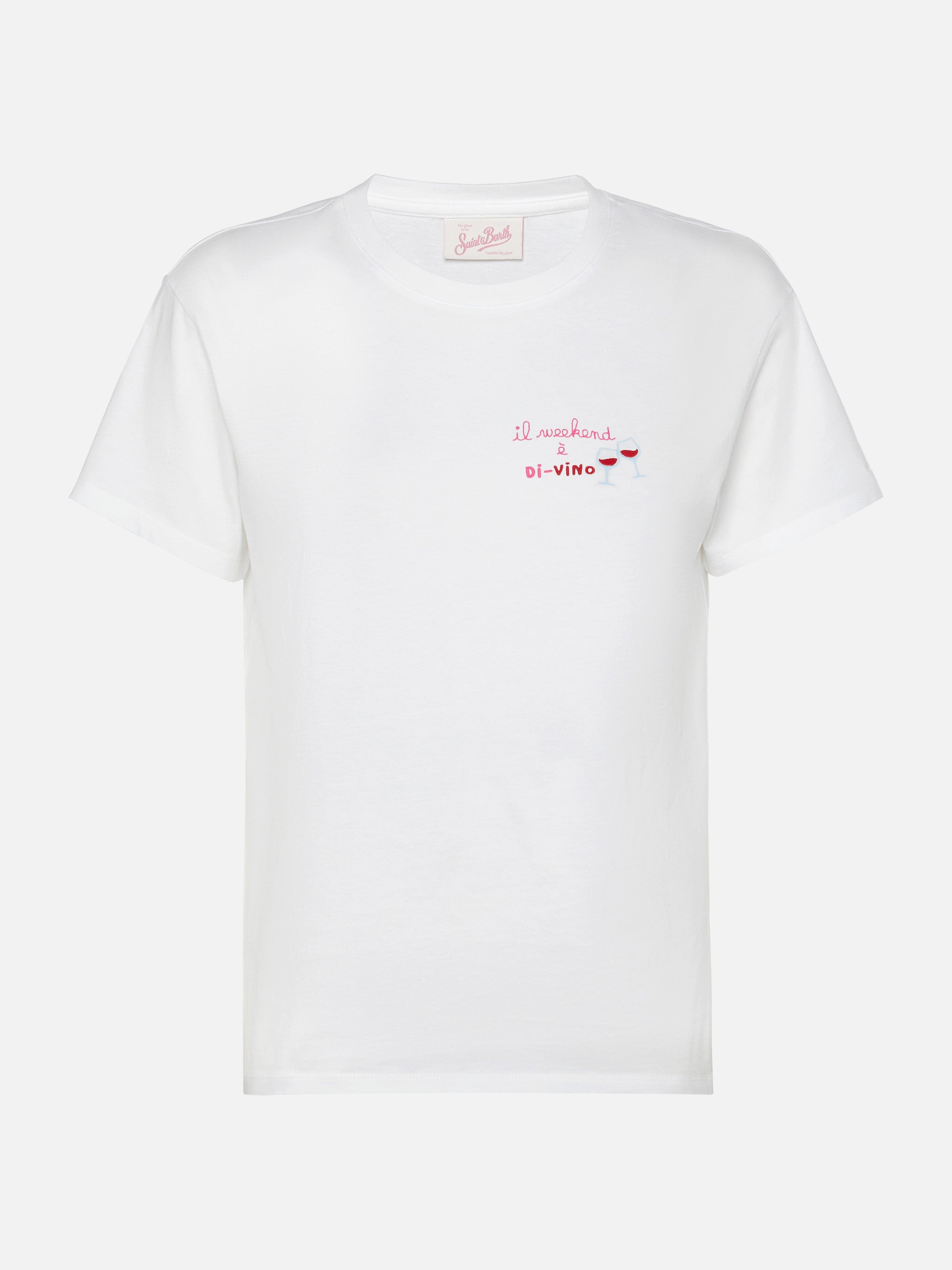 Emilie Cotton T-Shirt With Il Week-End È Di-Vino Embroidery White