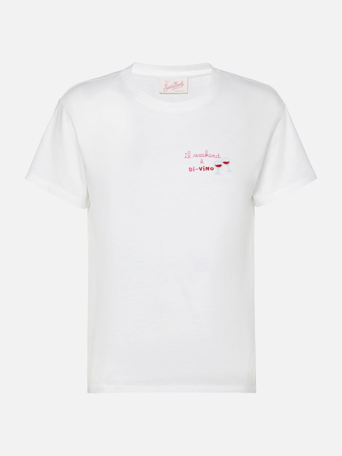 Emilie Cotton T-Shirt With Il Week-End È Di-Vino Embroidery White