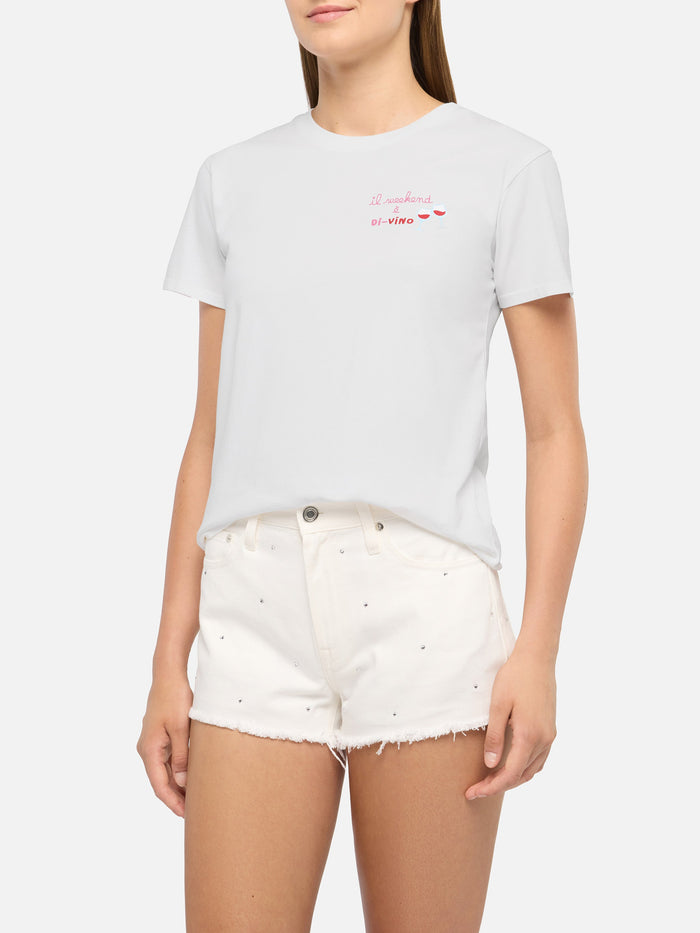 Emilie Cotton T-Shirt With Il Week-End È Di-Vino Embroidery White