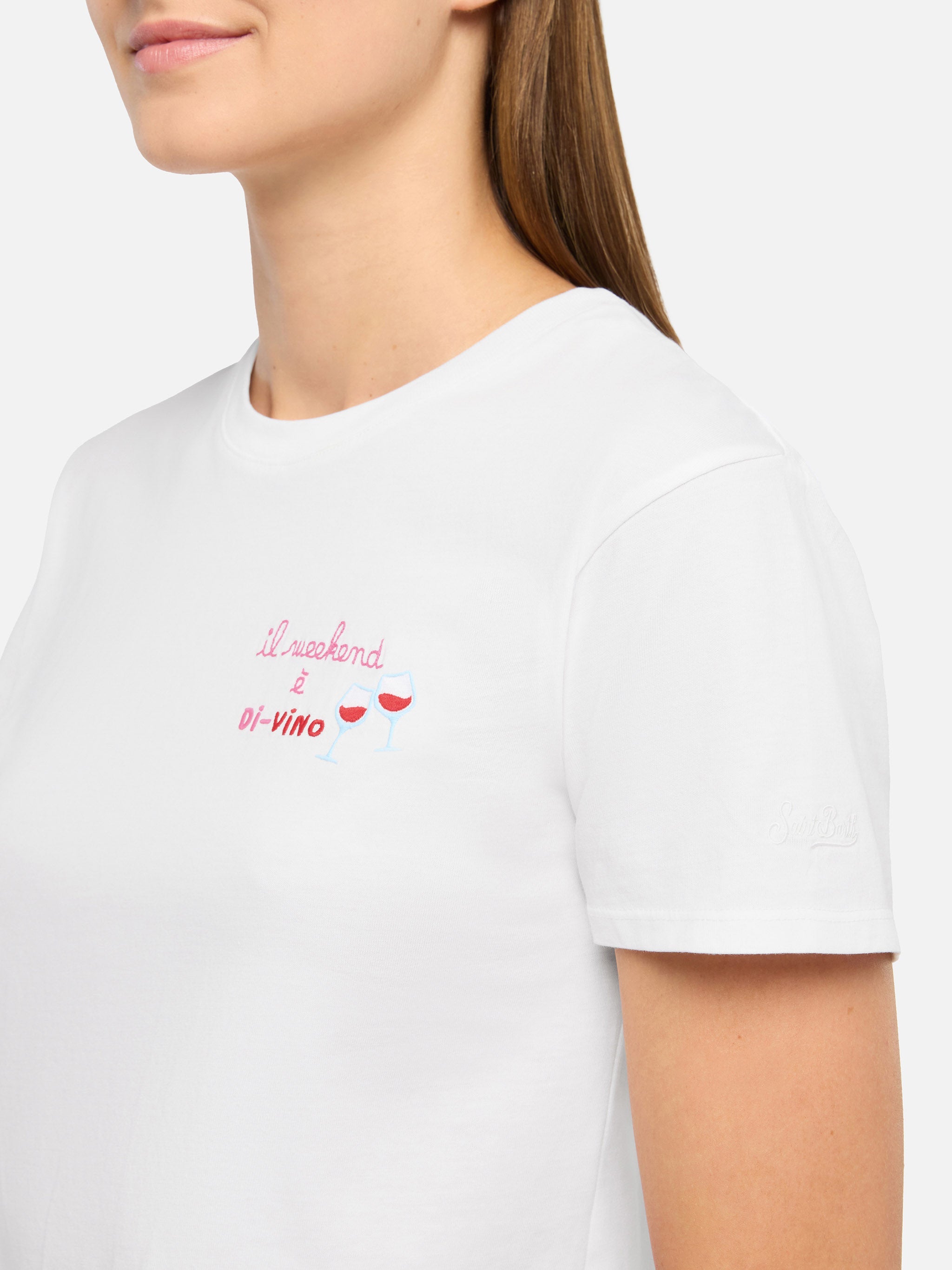 Emilie Cotton T-Shirt With Il Week-End È Di-Vino Embroidery White