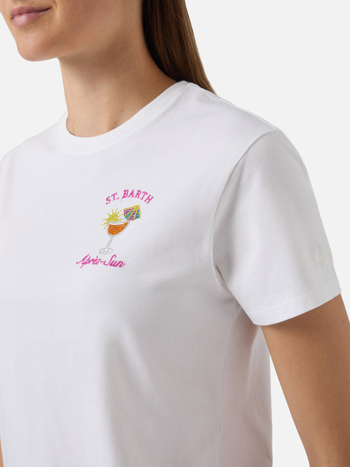 White Emilie T-Shirt With Après-Sun Embroidery And Rhinestones