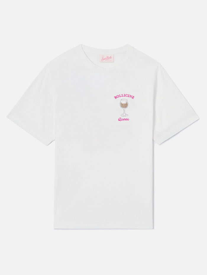 White Emilie T-Shirt With Bollicine Queen Embroidery And Rhinestones