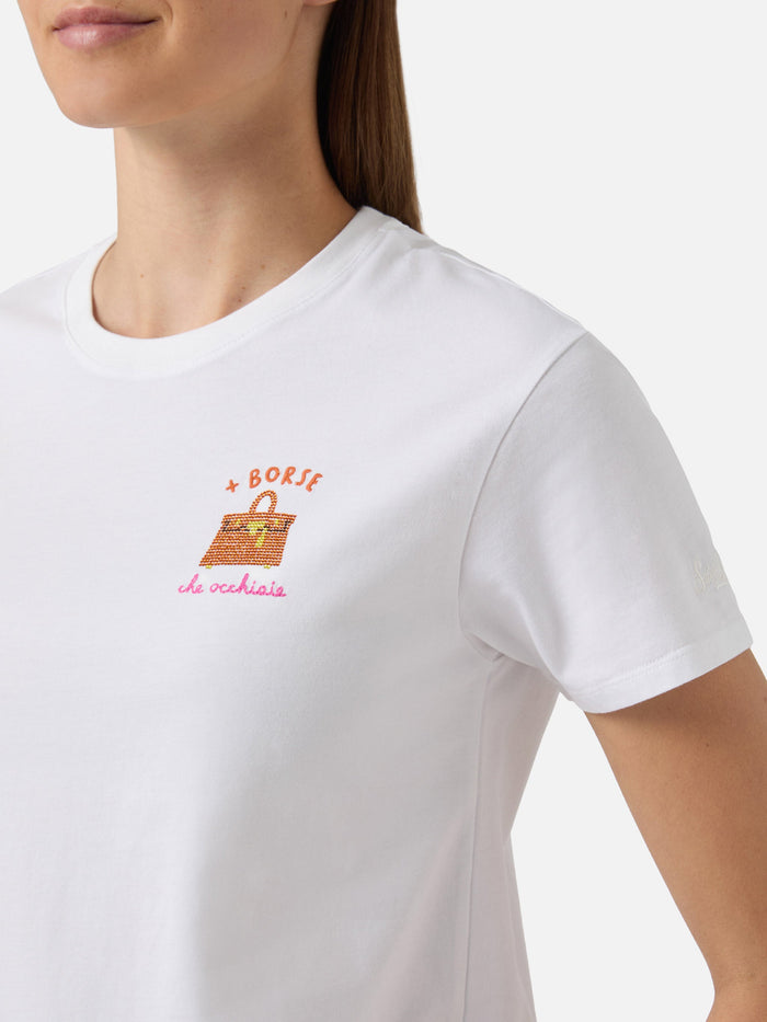 White Emilie T-Shirt With + Borse Che Occhiaie Embroidery And Rhinestones