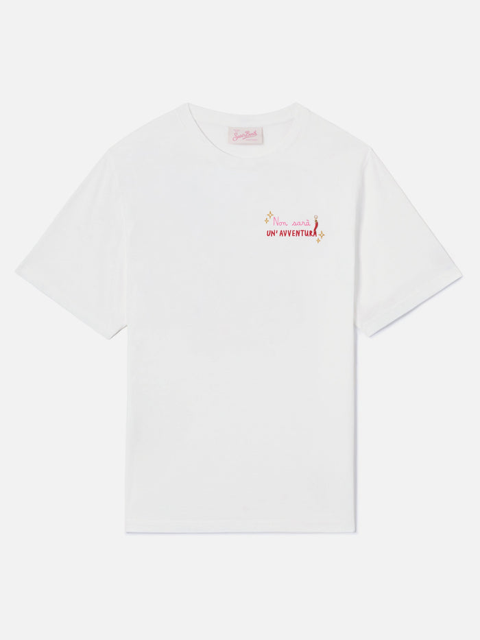 White Emilie T-Shirt With Non Sarà Unavventura Embroidery And Charm
