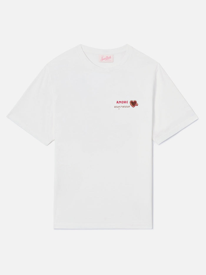 White Emilie T-Shirt With Amore Espresso Embroidery