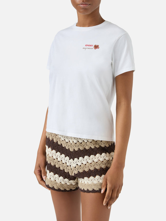 White Emilie T-Shirt With Amore Espresso Embroidery