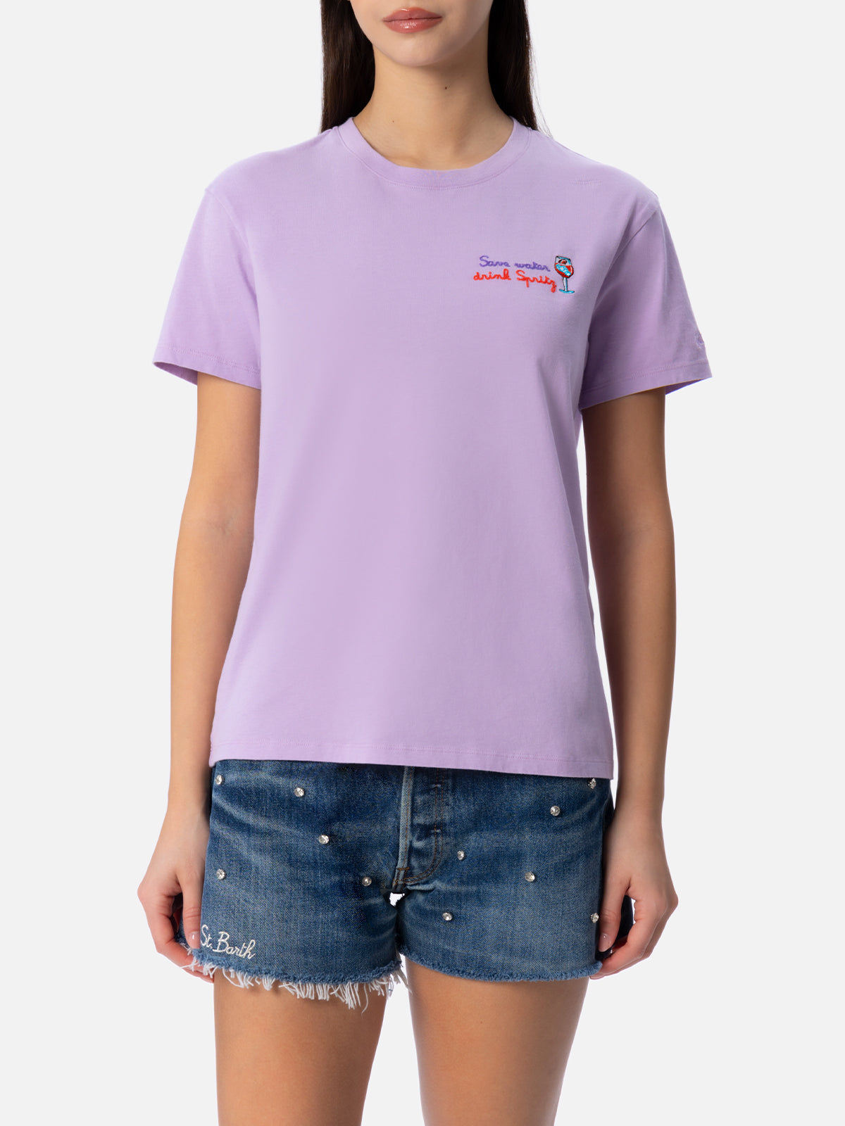Emilie White Cotton T-Shirt With Save Water Drink Spritz Embroidery | Special Edition Pink