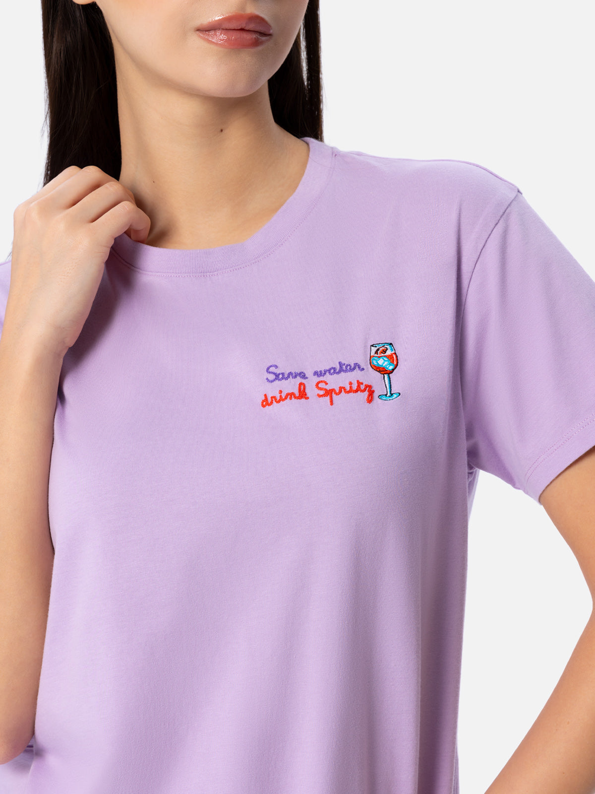 Emilie White Cotton T-Shirt With Save Water Drink Spritz Embroidery | Special Edition Pink