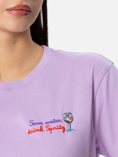 Emilie White Cotton T-Shirt With Save Water Drink Spritz Embroidery | Special Edition Pink
