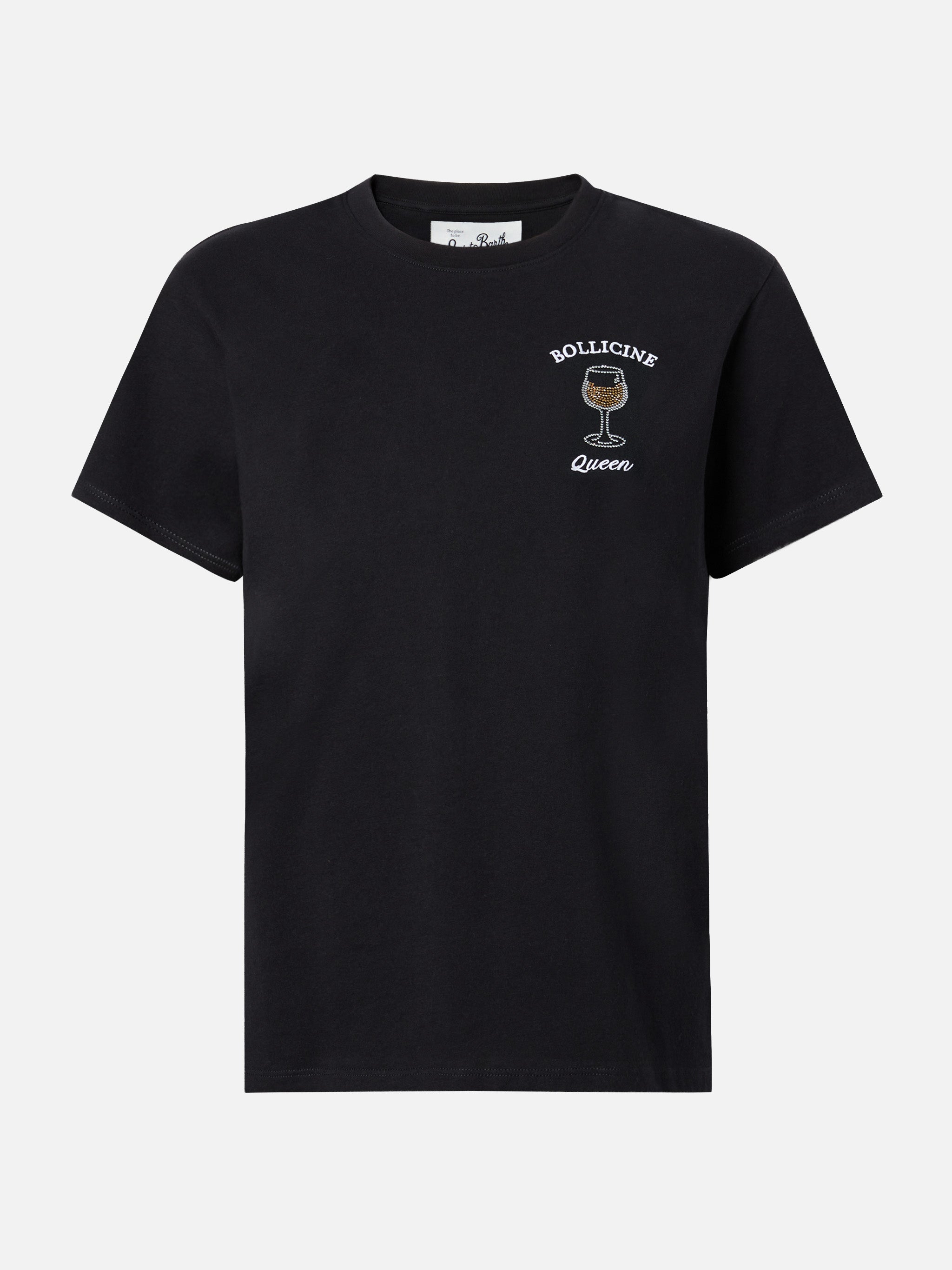 Emilie Cotton T-Shirt Black With Bollicine Queen Rhinestone Appliqué