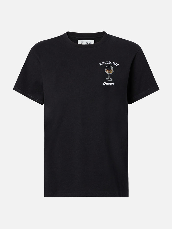 Emilie Cotton T-Shirt Black With Bollicine Queen Rhinestone Appliqué