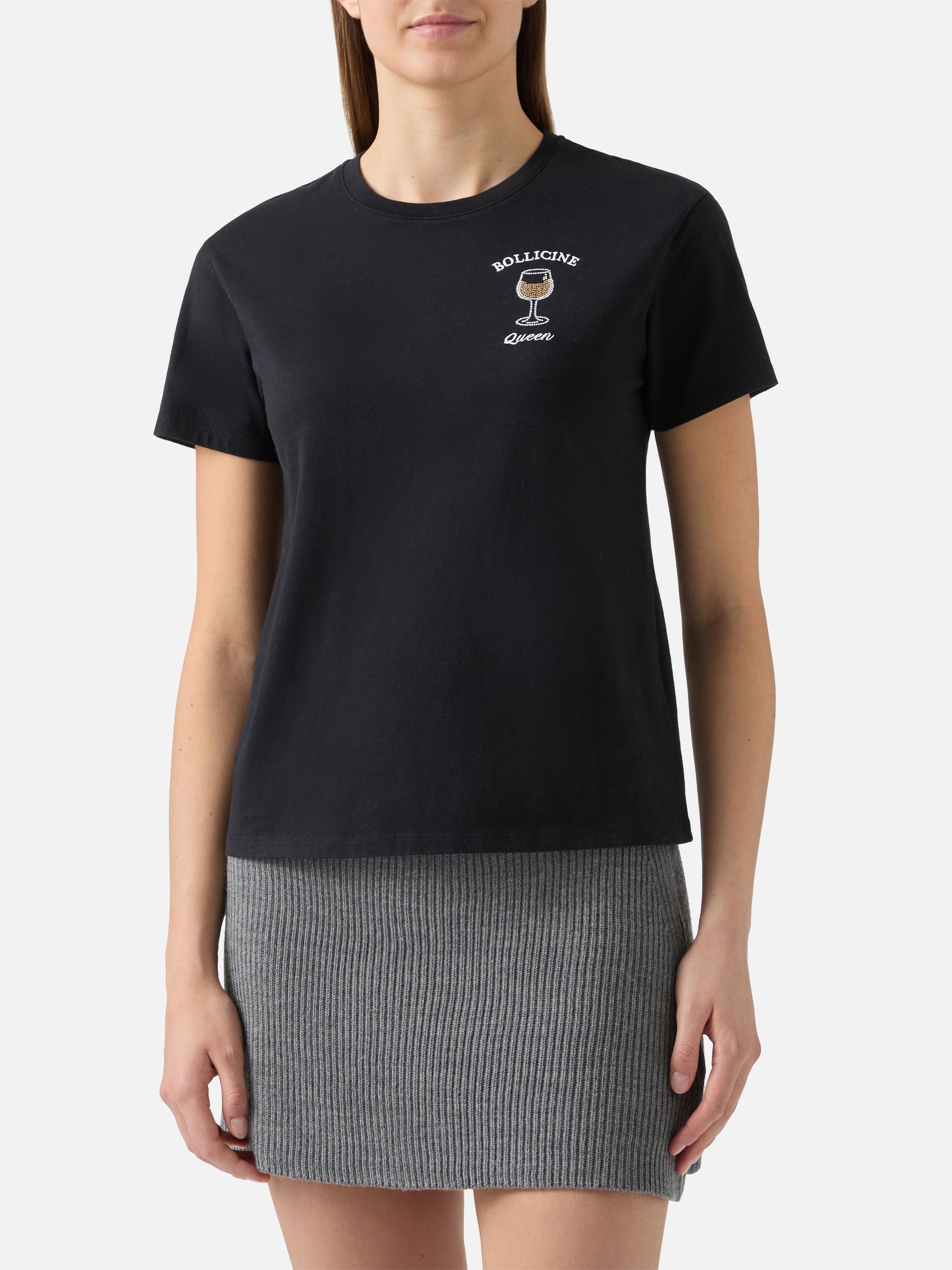 Emilie Cotton T-Shirt Black With Bollicine Queen Rhinestone Appliqué