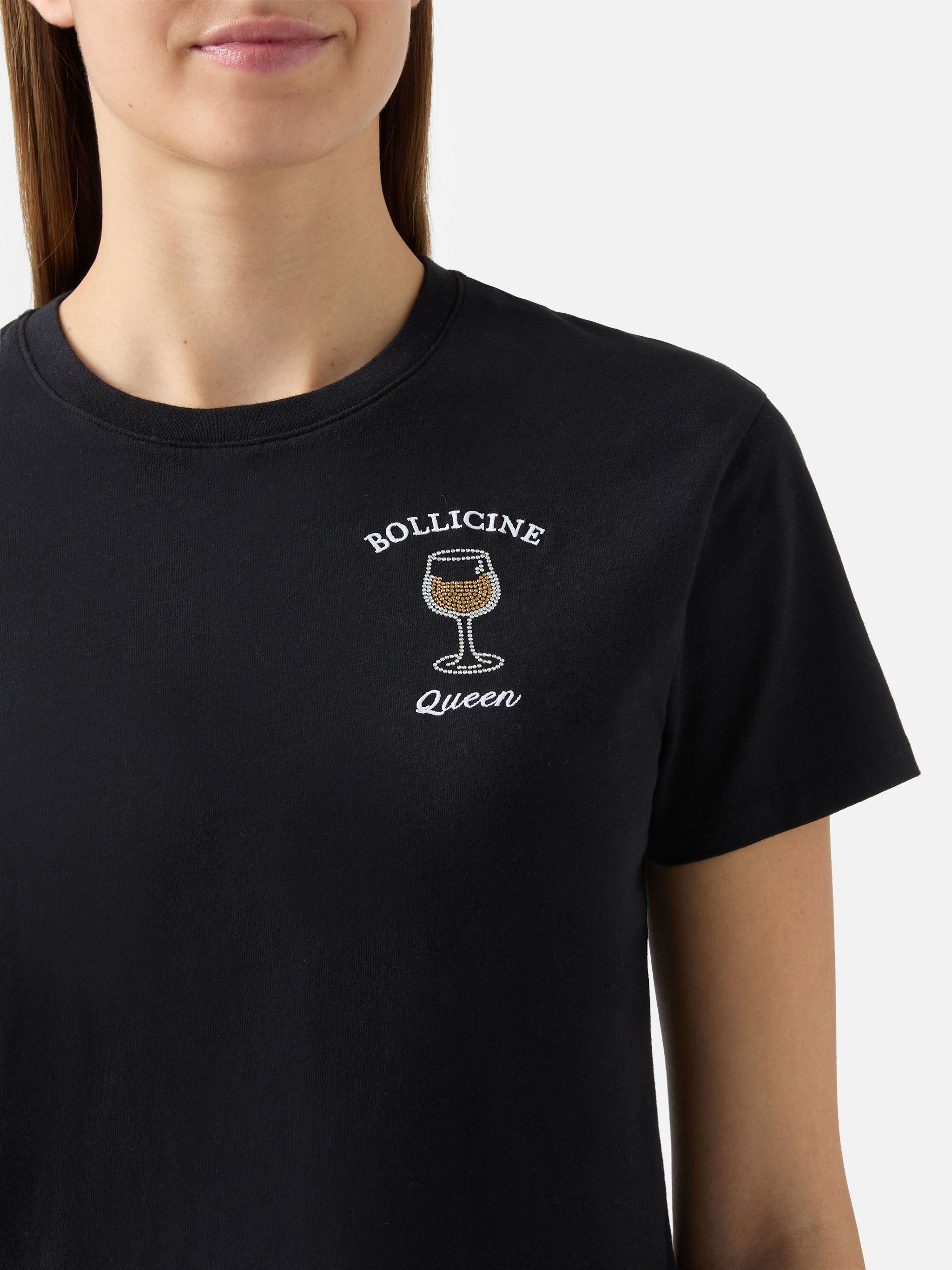 Emilie Cotton T-Shirt Black With Bollicine Queen Rhinestone Appliqué