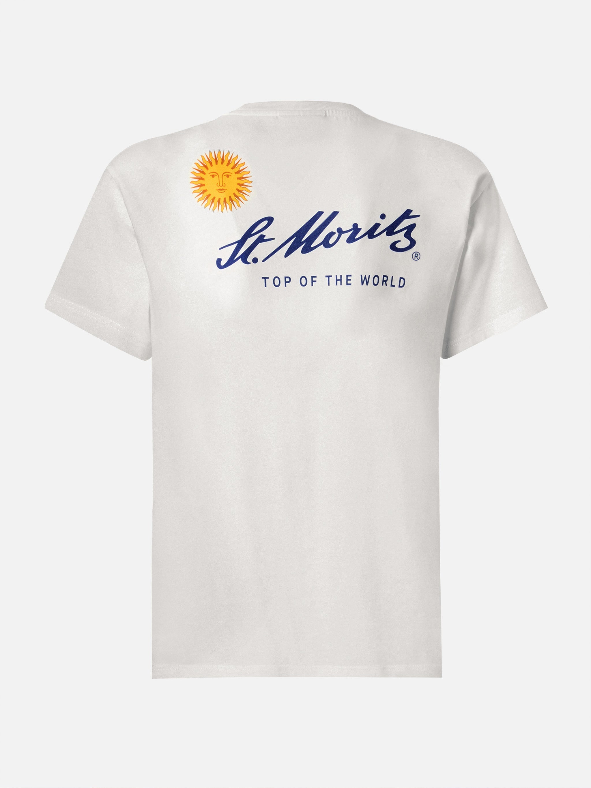 Emilie Cotton T-Shirt White With St. Moritz Print | Top Of The World Special Edition