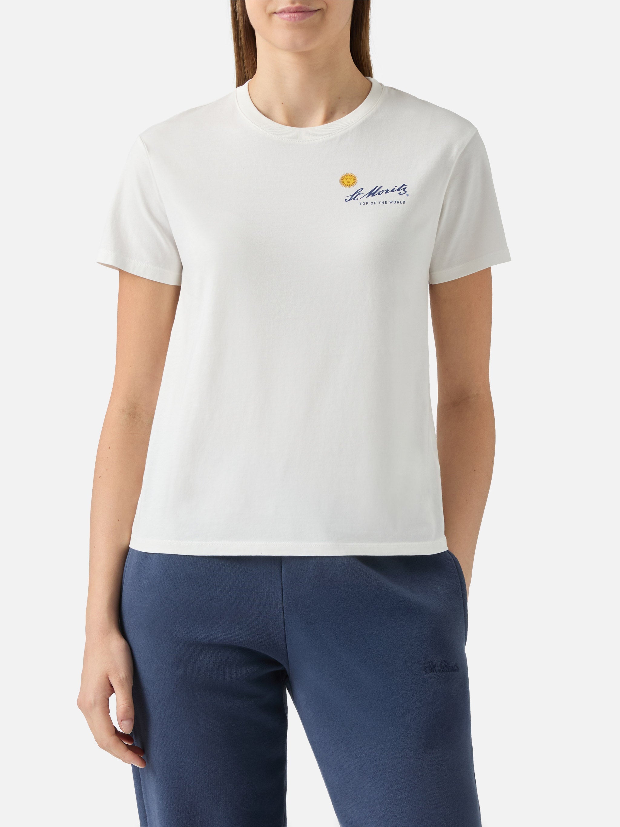 Emilie Cotton T-Shirt White With St. Moritz Print | Top Of The World Special Edition