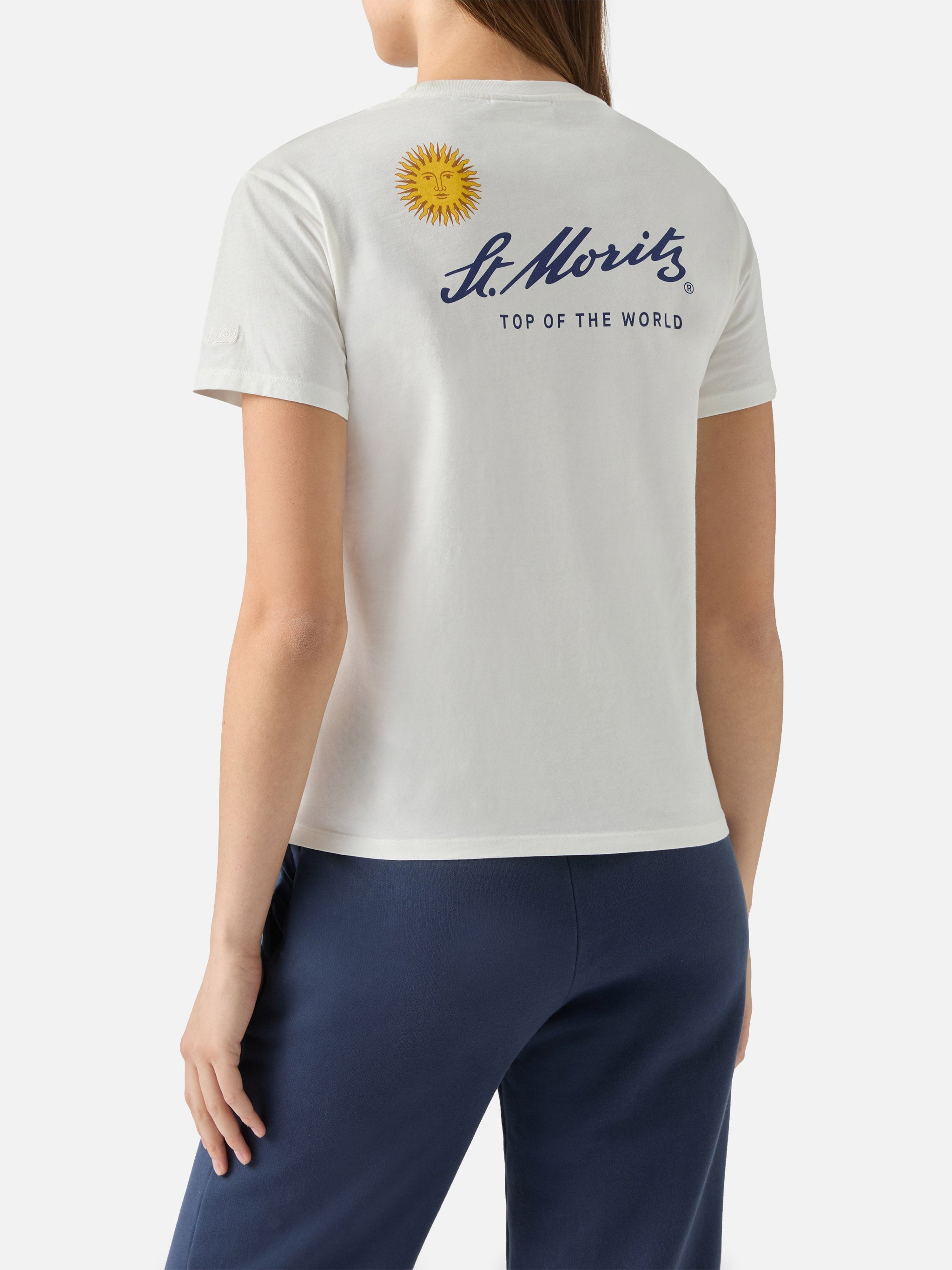 Emilie Cotton T-Shirt White With St. Moritz Print | Top Of The World Special Edition