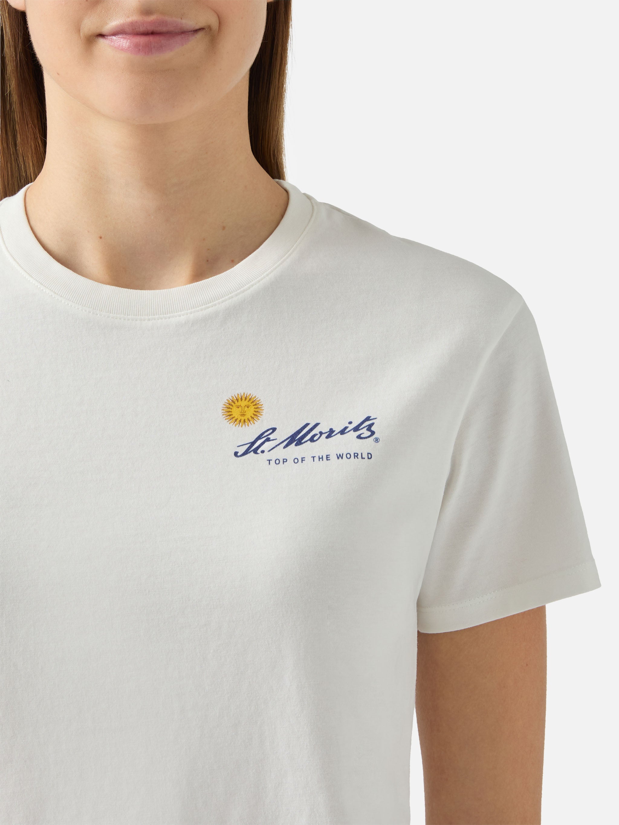 Emilie Cotton T-Shirt White With St. Moritz Print | Top Of The World Special Edition