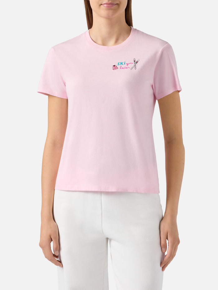Emilie Cotton T-Shirt Pink With Ski You Later Embroidery