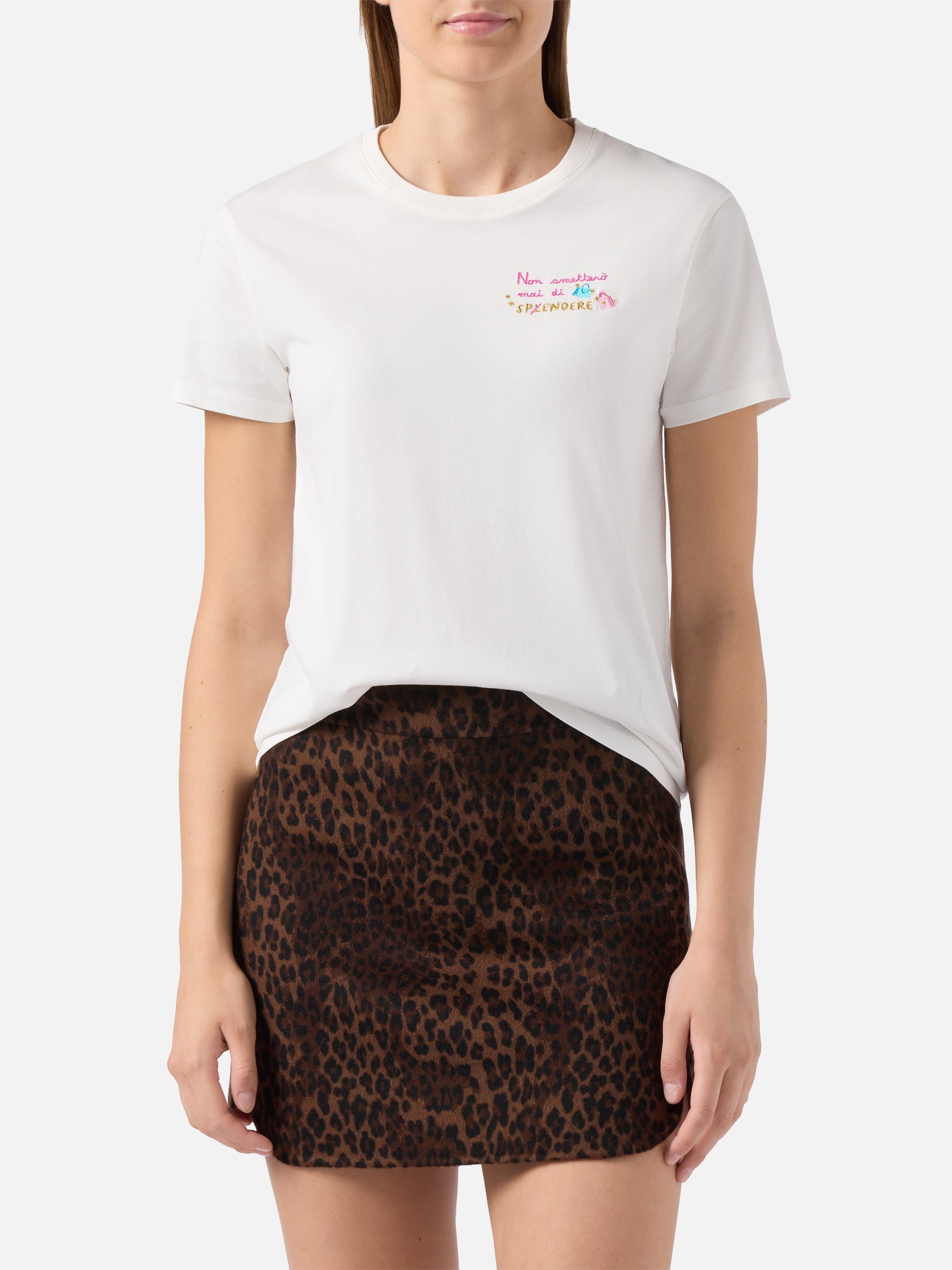 Emilie Organic Cotton T-Shirt White With Non Smetterò Mai Di Sp(l)endere Embroidery
