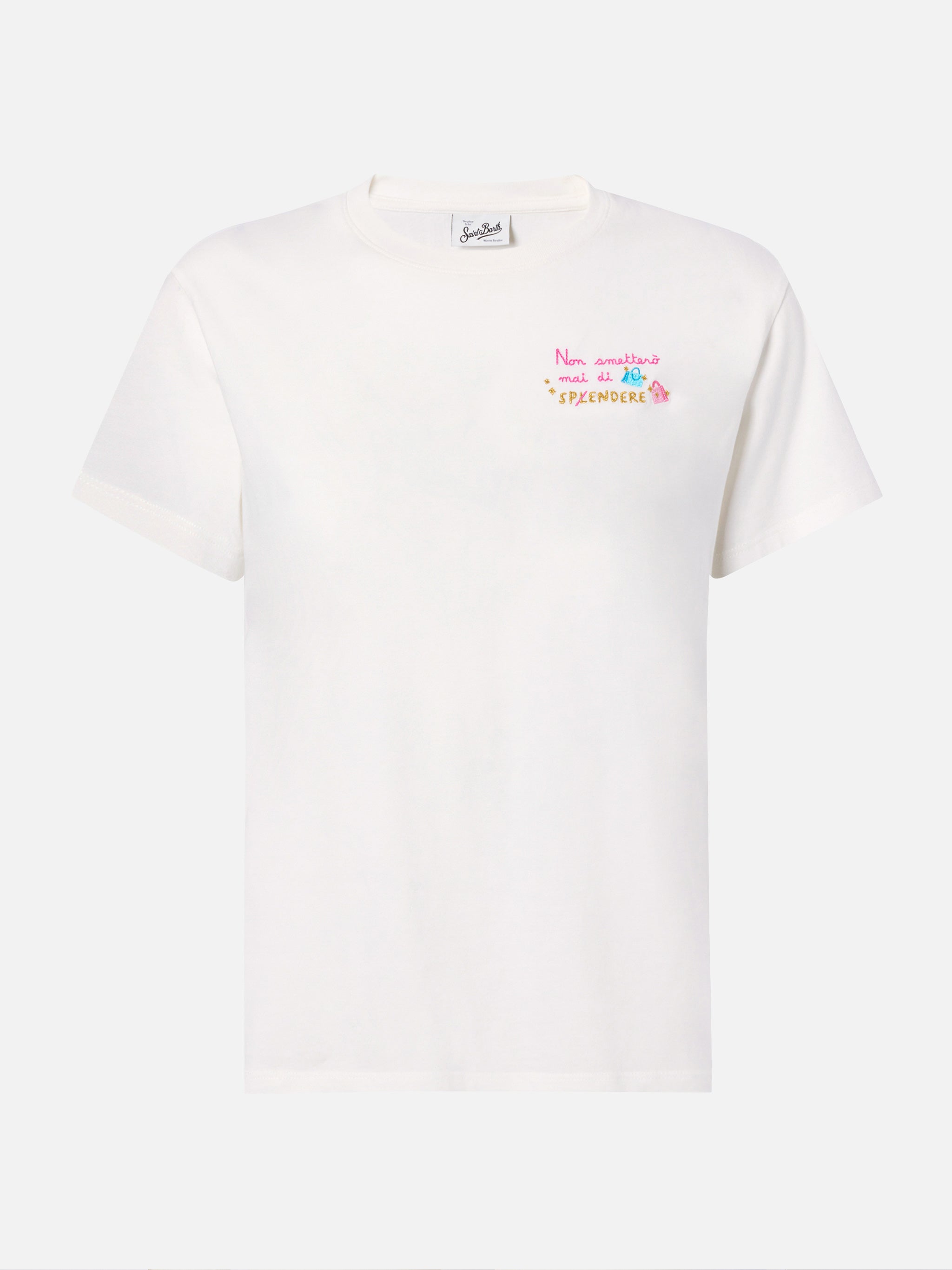 Emilie Organic Cotton T-Shirt White With Non Smetterò Mai Di Sp(l)endere Embroidery