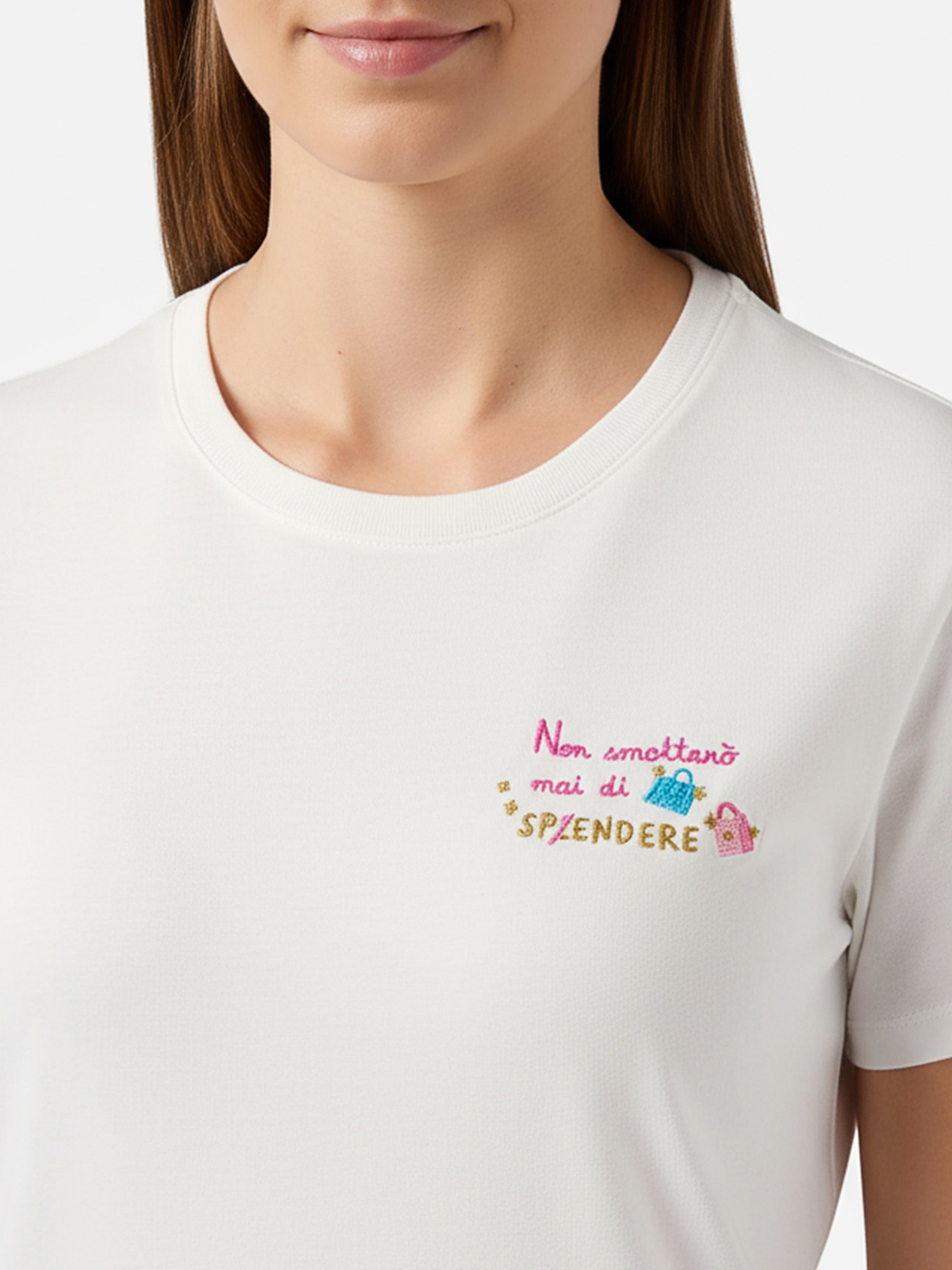 Emilie Organic Cotton T-Shirt White With Non Smetterò Mai Di Sp(l)endere Embroidery