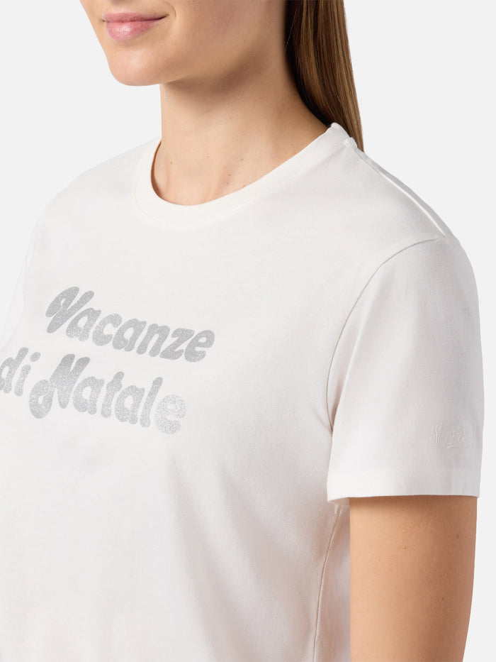 Emilie Cotton T-Shirt White With Vacanze Di Natale Silver Glitter Print | Special Edition