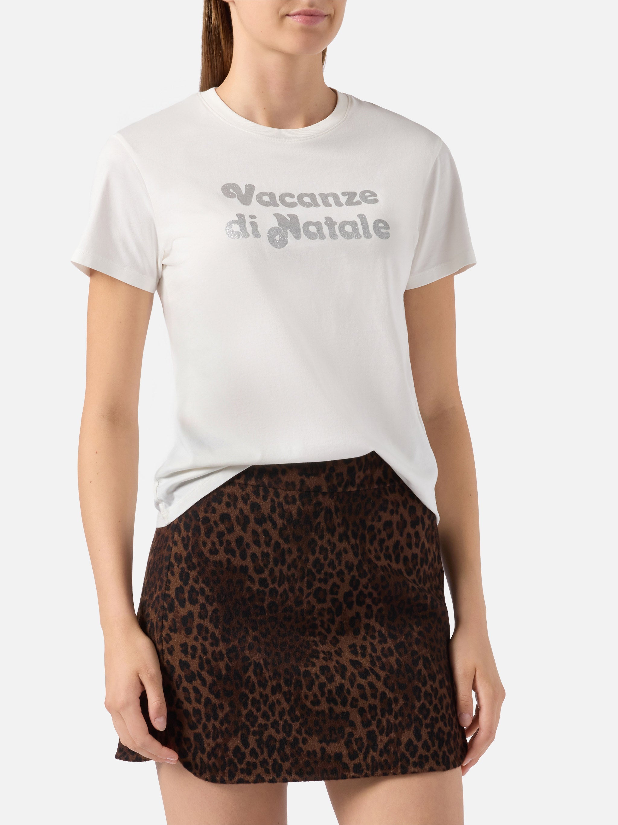 Emilie Cotton T-Shirt White With Vacanze Di Natale Silver Glitter Print | Special Edition
