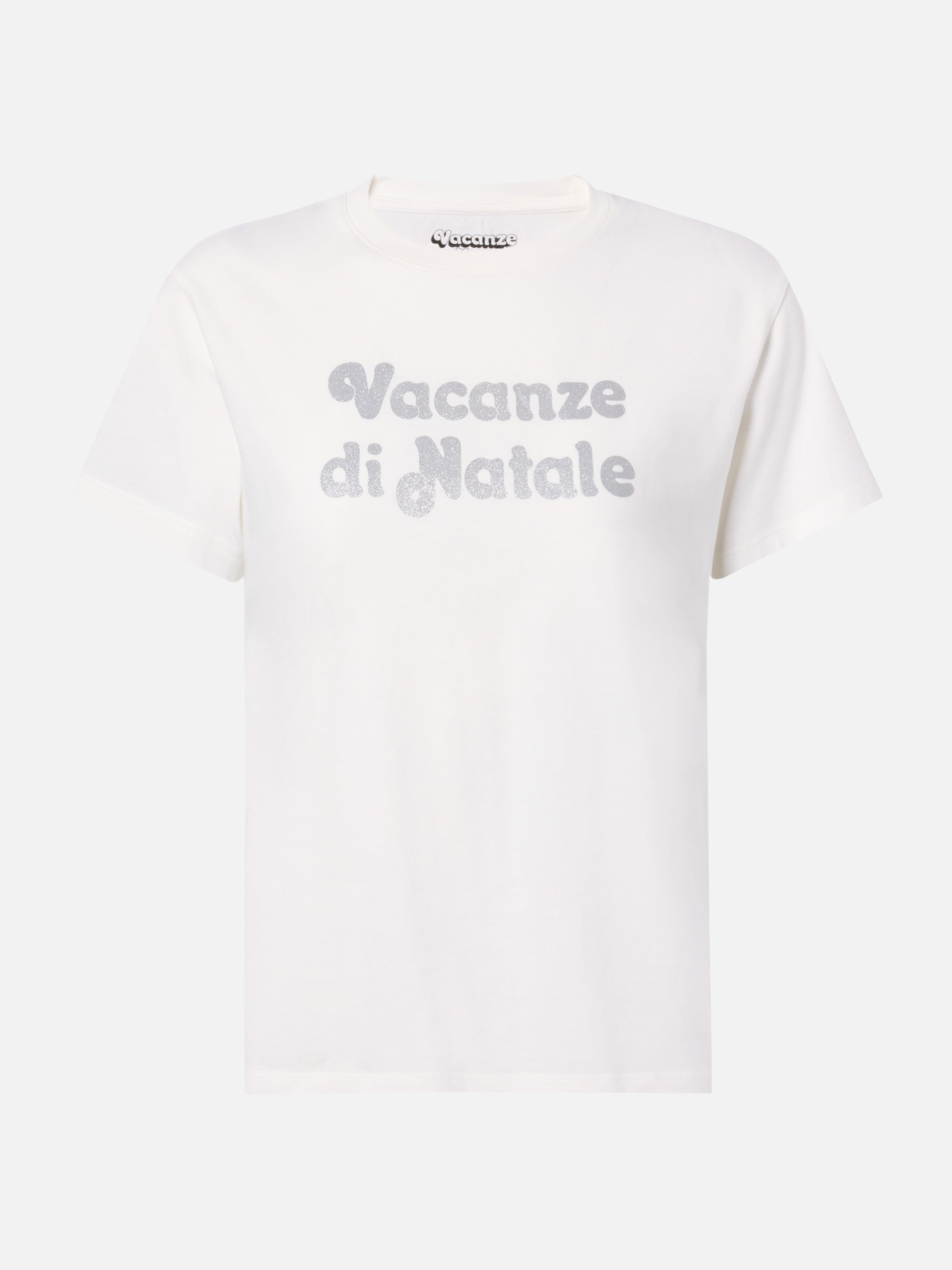Emilie Cotton T-Shirt White With Vacanze Di Natale Silver Glitter Print | Special Edition