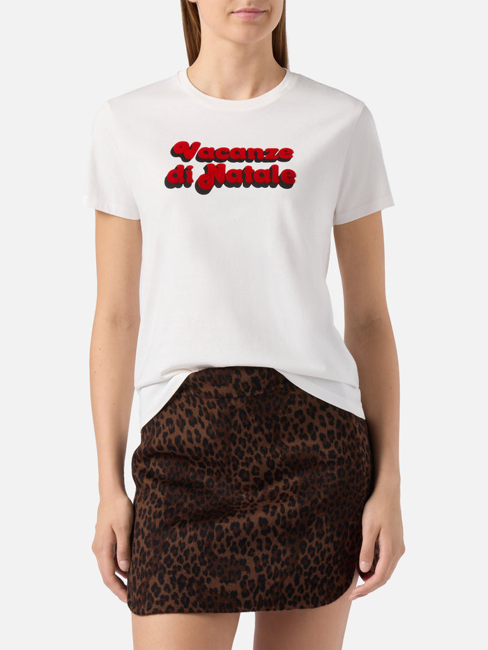 Emilie Organic Cotton T-Shirt White With Vacanze Di Natale Flock Print | Special Edition