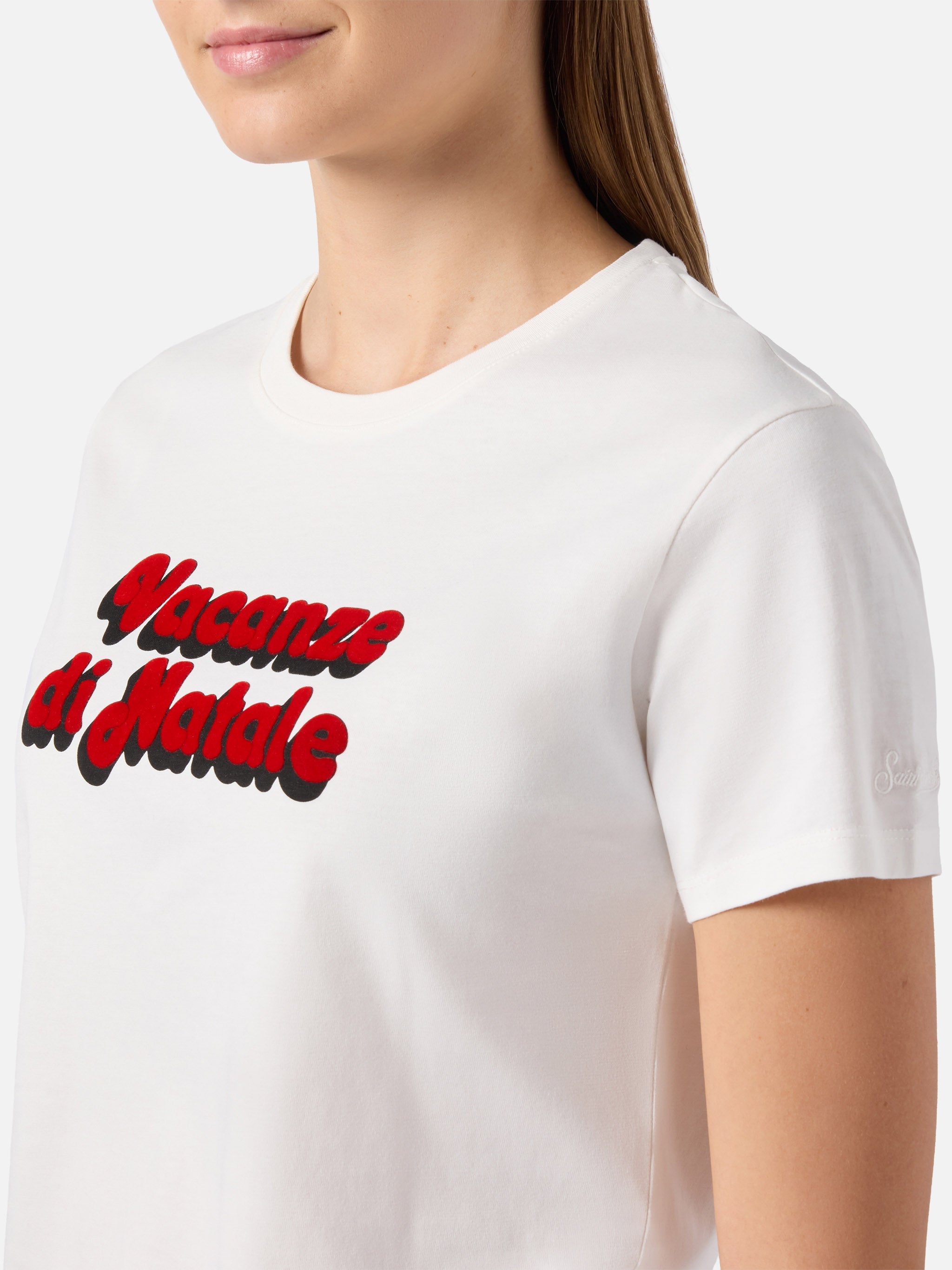 Emilie Organic Cotton T-Shirt White With Vacanze Di Natale Flock Print | Special Edition